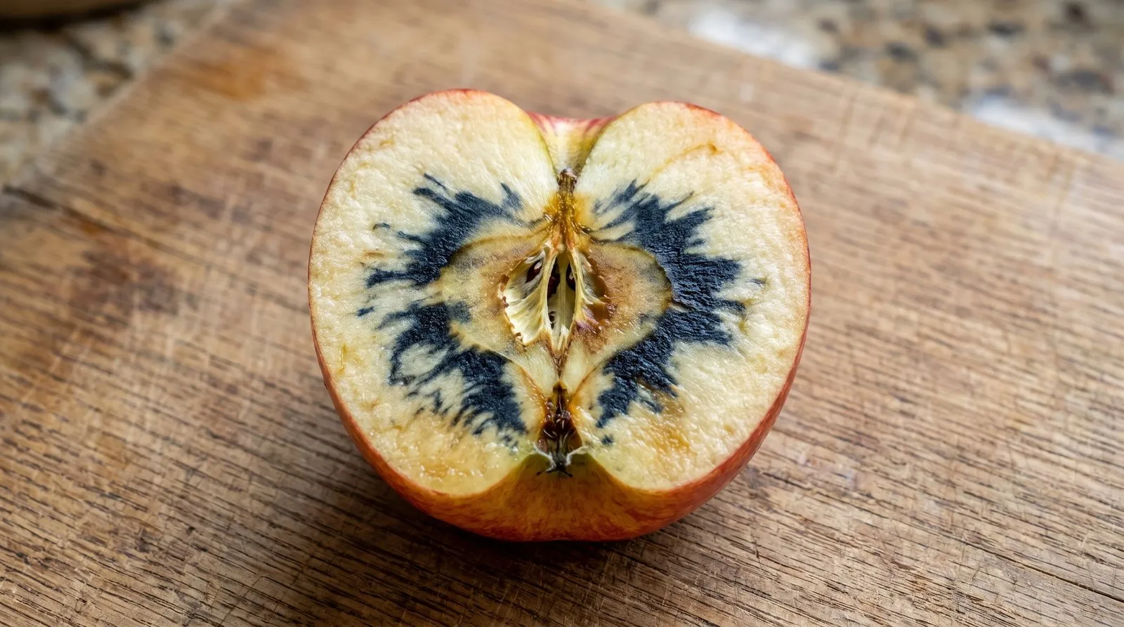 A cut apple half brushed with iodine showing a dark blue-black stained starch pattern, the starch-iodine maturity test