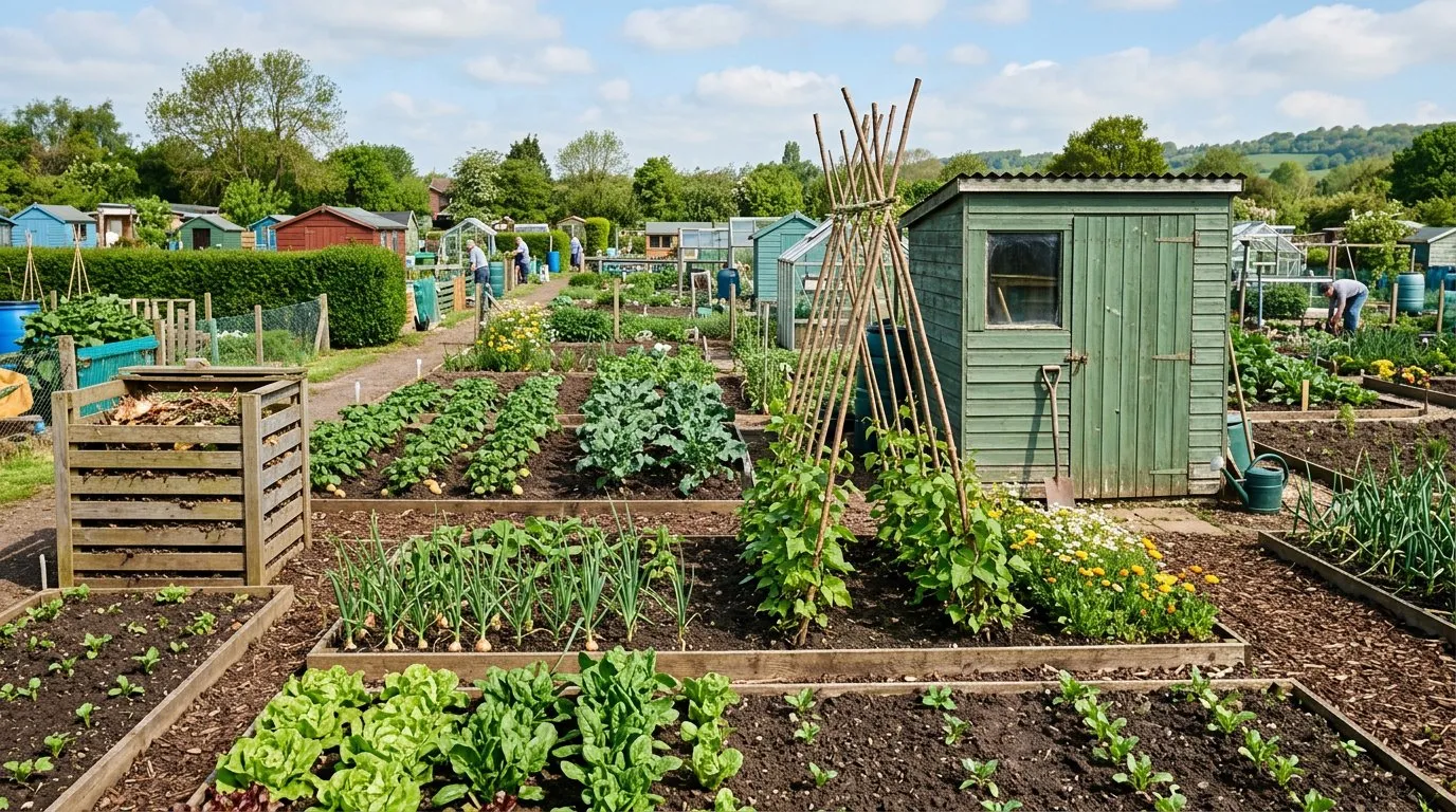 Well-tended allotment plot with raised beds, bean wigwams, and a small shed in warm summer light