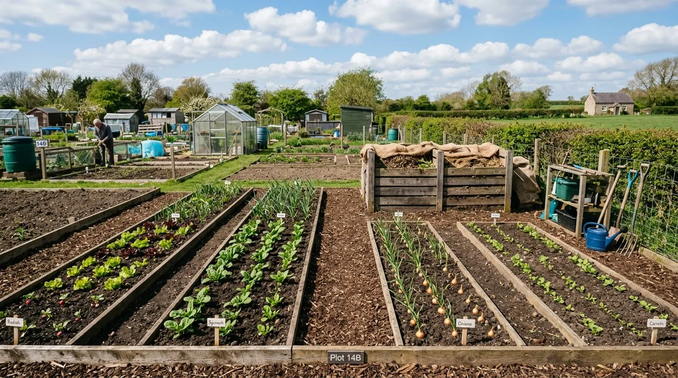 Well-organised allotment plot plan showing four growing zones with paths, a small shed, and compost bins