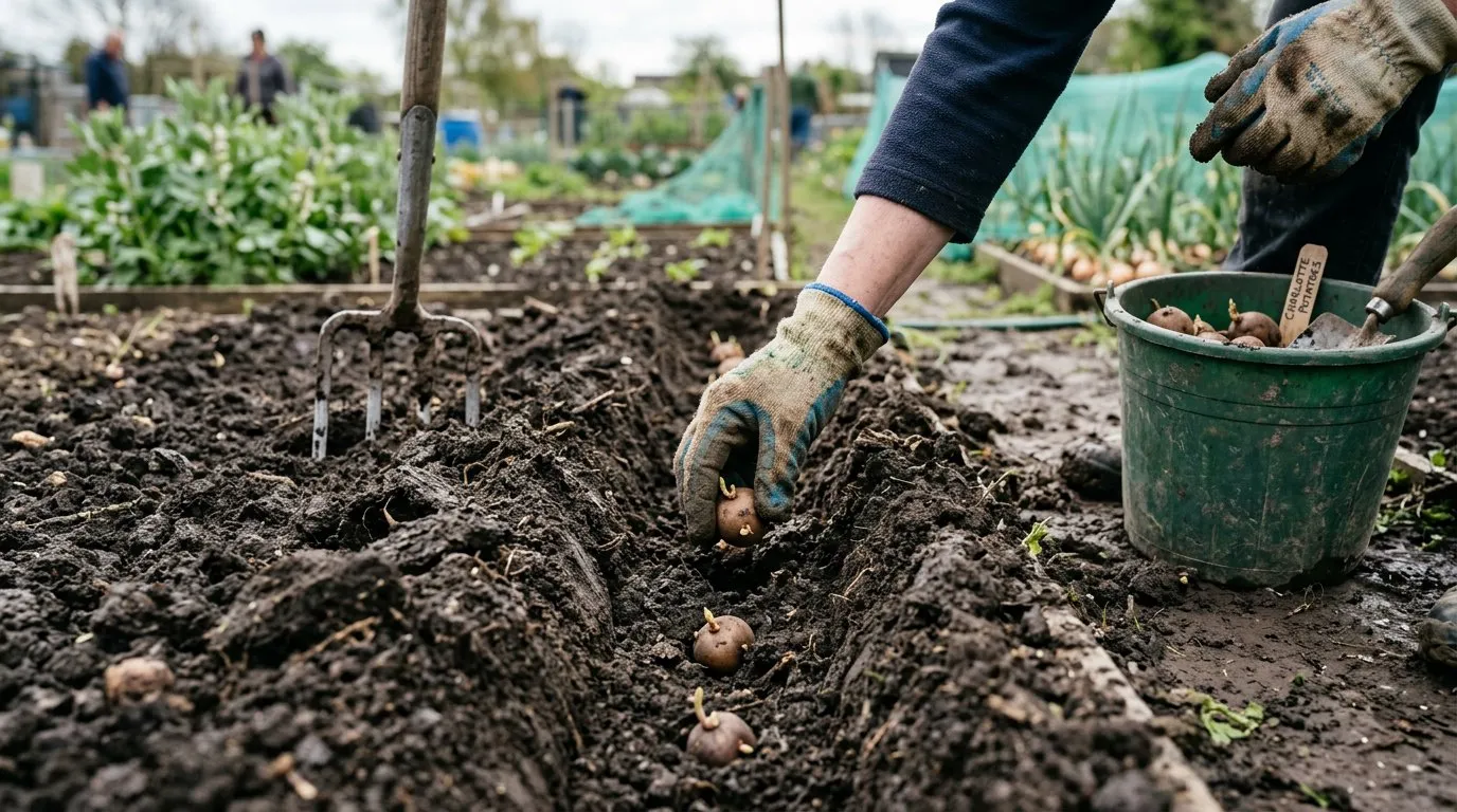 Close-up of hands planting seed potatoes into a freshly dug allotment trench with a garden fork nearby