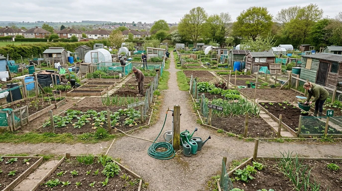 Allotment site overview showing various plots with sheds, paths, and different crops growing in neat rows