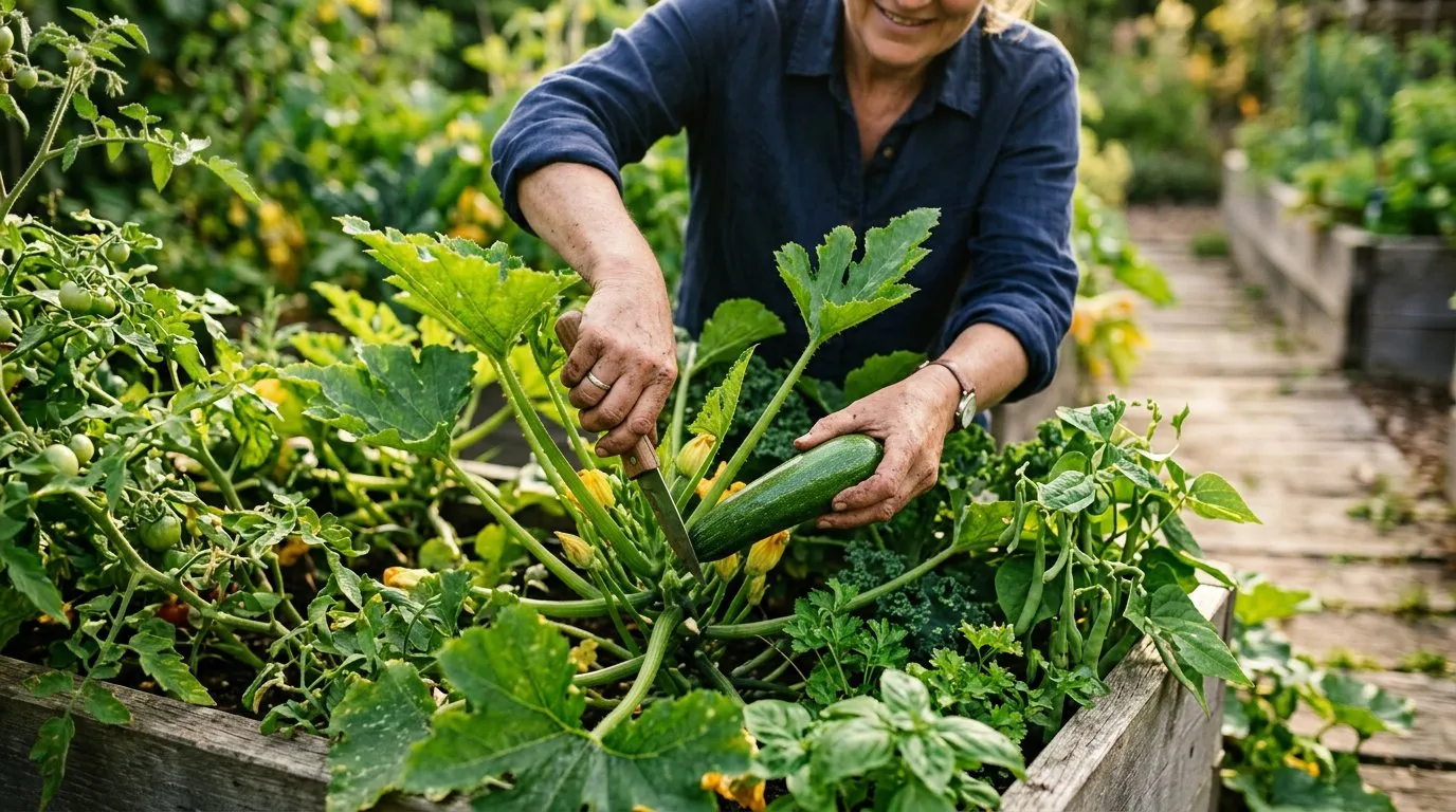 Hands harvesting a courgette from a plant in a raised bed with other vegetables growing nearby