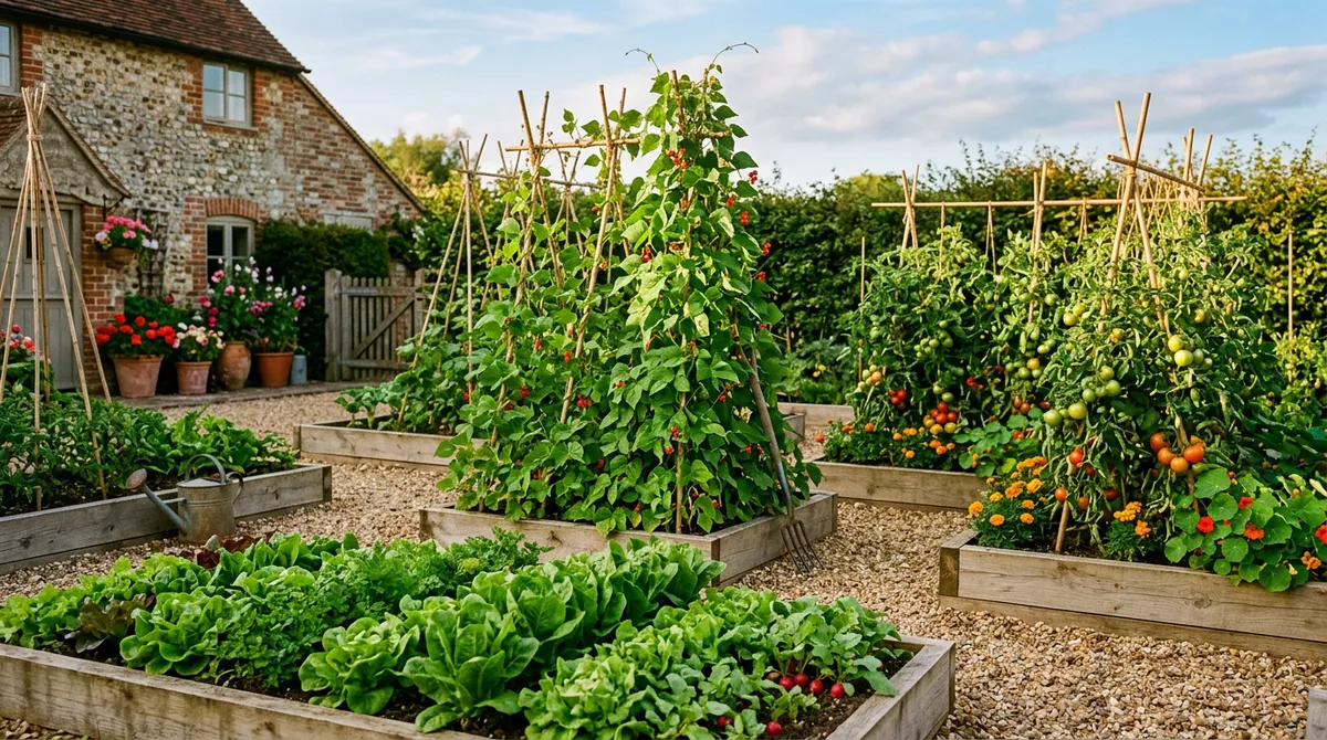 Productive vegetable garden with raised beds growing lettuce beans and tomatoes in warm summer sunlight