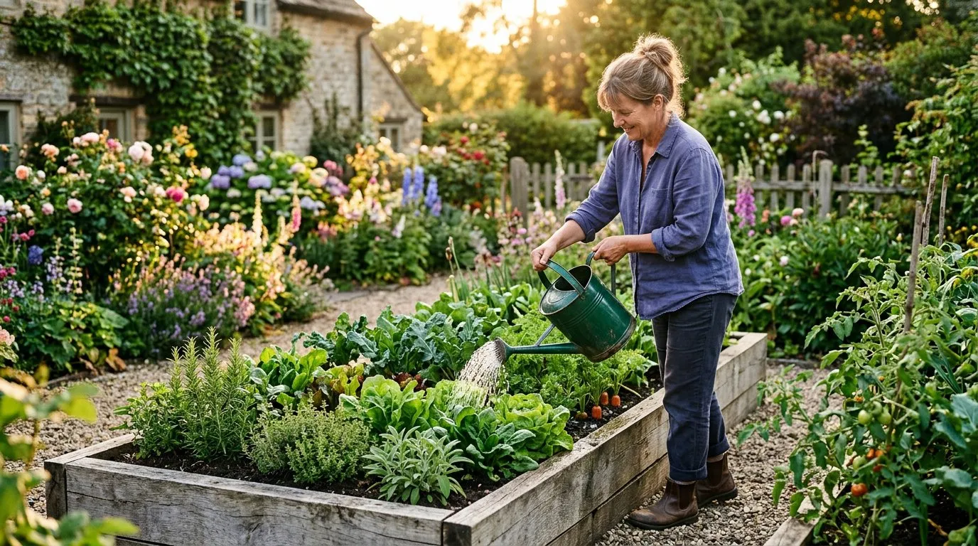 Beginner gardener watering a raised bed vegetable garden with a watering can in evening light