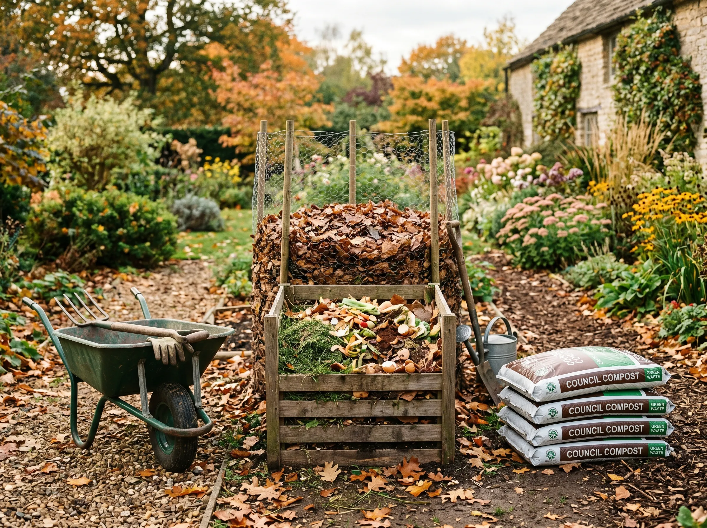 UK gardener filling a compost bin with kitchen scraps and lawn clippings, a leaf-mould cage made of chicken wire visible behind, a stack of bagged council compost ready to spread, an autumn allotment scene