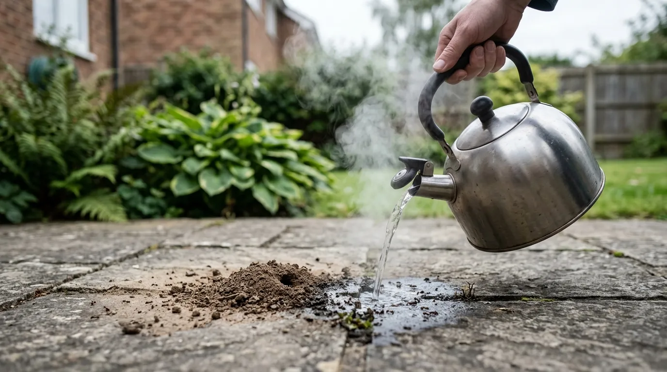 A kettle of boiling water being poured into a visible ant nest entrance between UK patio slabs with steam rising