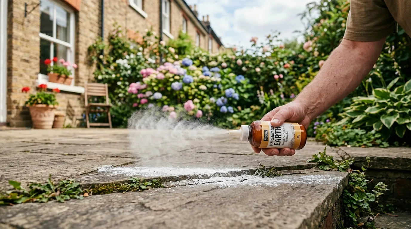 Fine white diatomaceous earth being dusted along the perimeter of a patio paving slab from a puffer bottle
