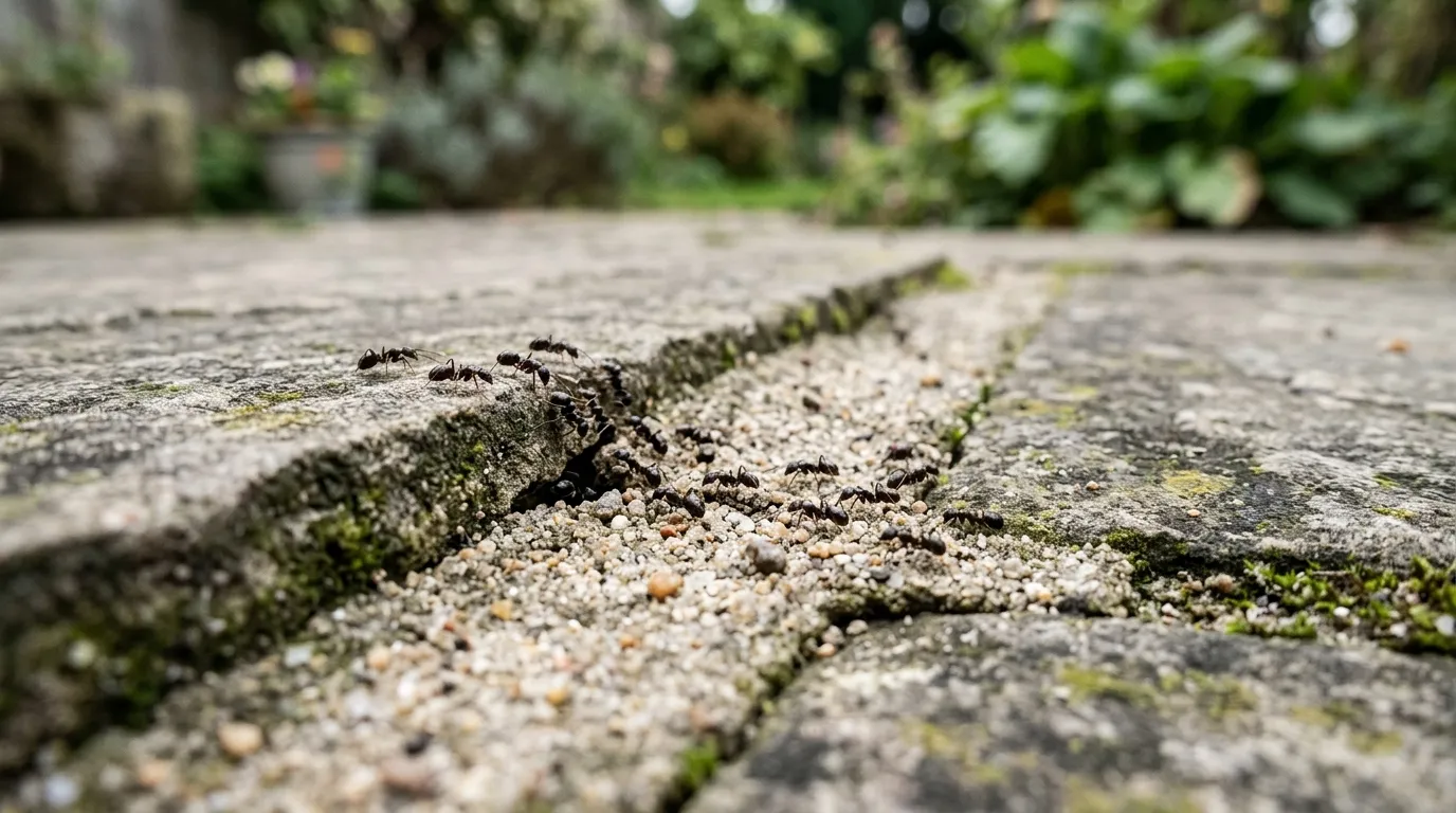 Macro detail of a UK patio joint with weathered kiln-dried sand and black garden ants emerging from a crack