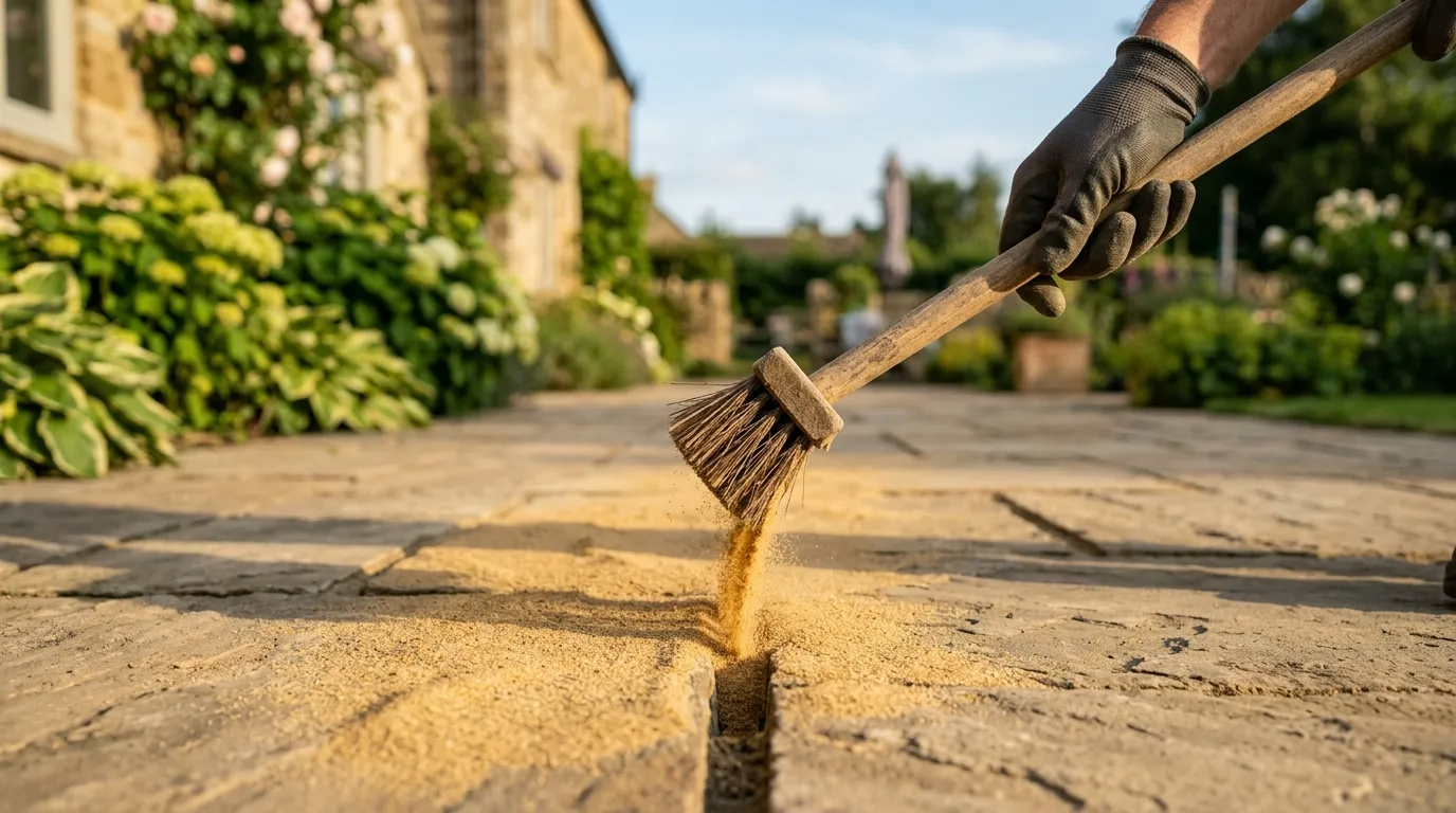 A gloved hand brushing fresh kiln-dried sand into the joints of a UK patio with a stiff broom