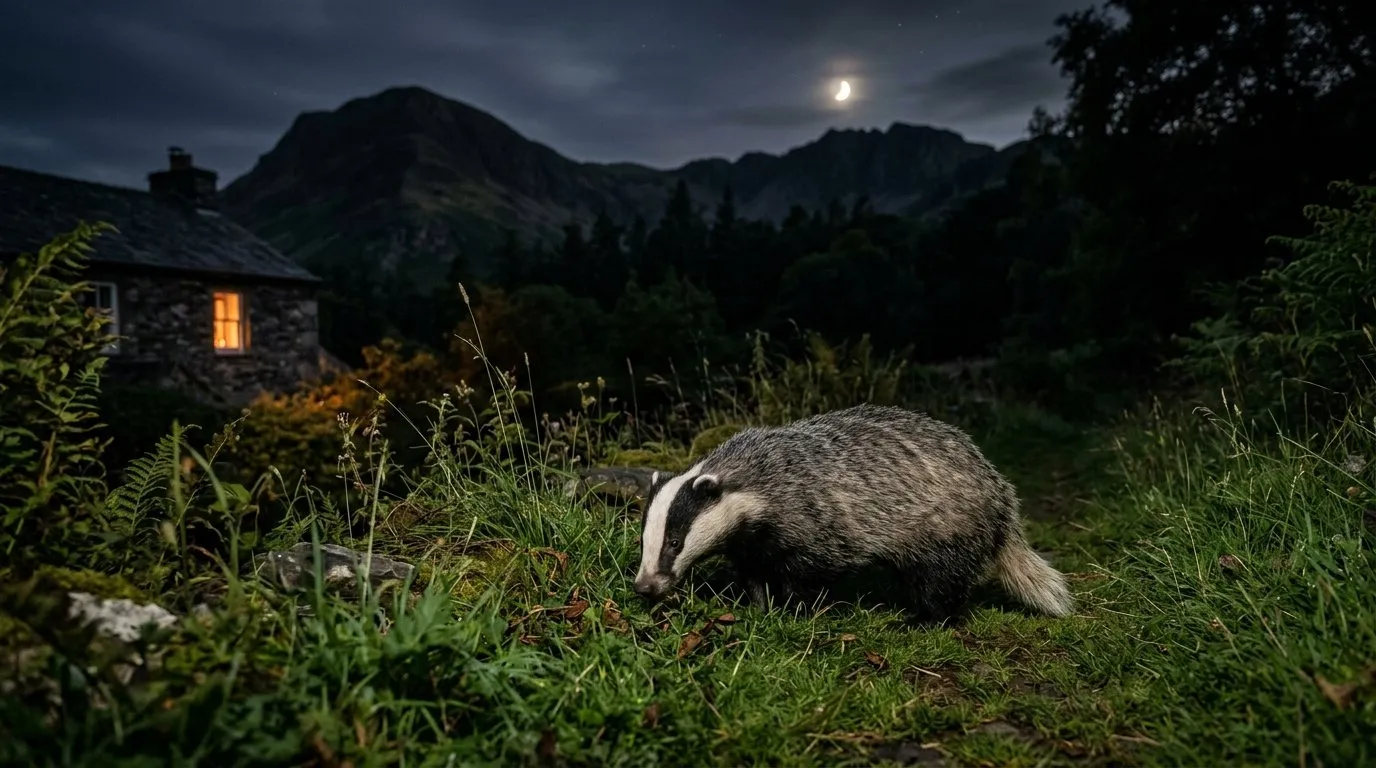 A badger foraging at the edge of a woodland garden at night in the Lake District, lit by low ambient light