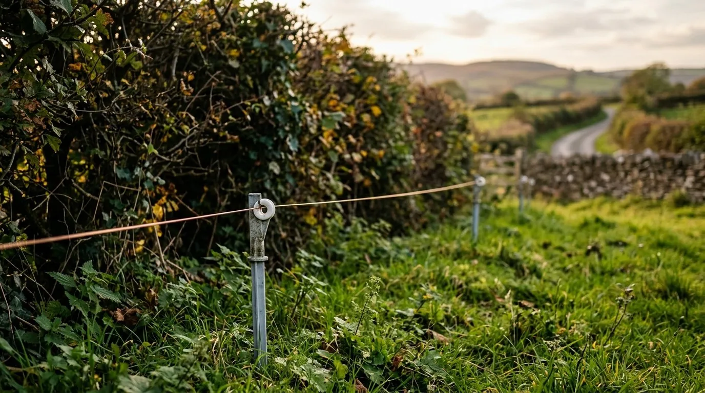 Single electric fence wire set low above the ground along a hedge boundary in a Welsh borders garden