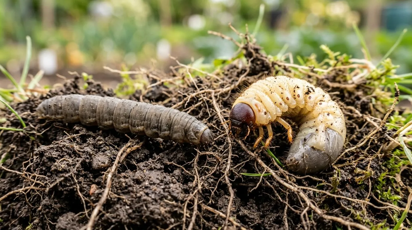 Macro shot of a grey-brown leatherjacket and a white C-shaped chafer grub side by side in turf