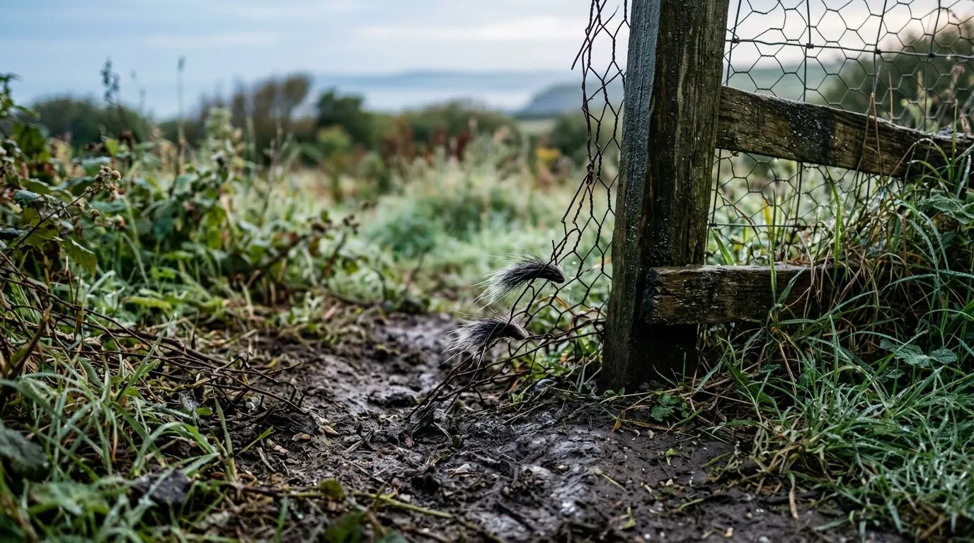 Worn badger run forcing a gap under a garden fence with coarse black and white hairs caught on the wire