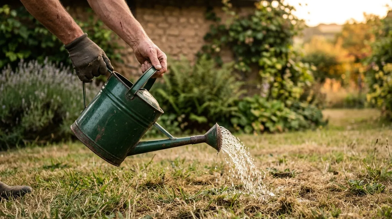 Gardener watering nematode solution into a damaged lawn from a green watering can at dusk in a Devon garden