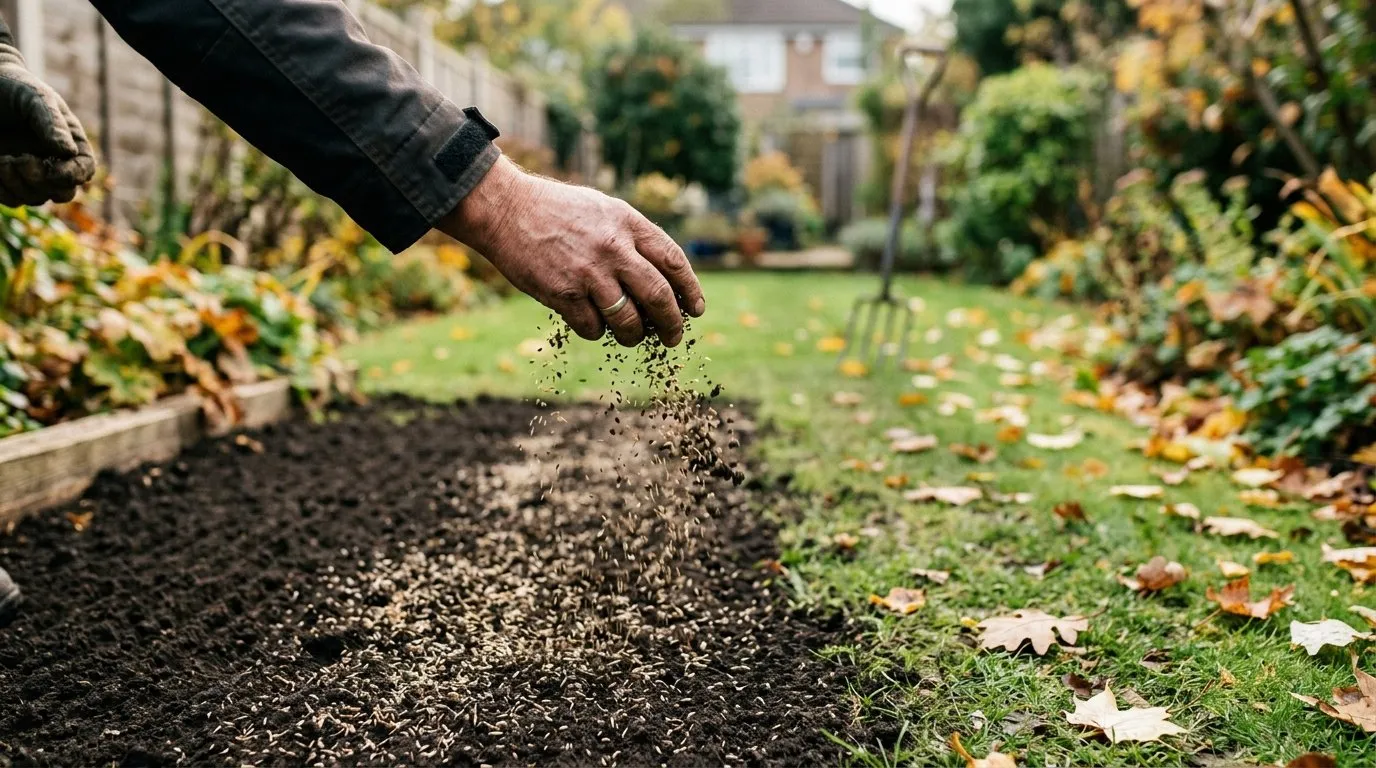 Hands scattering grass seed over a repaired bare patch on a recovering suburban lawn in autumn