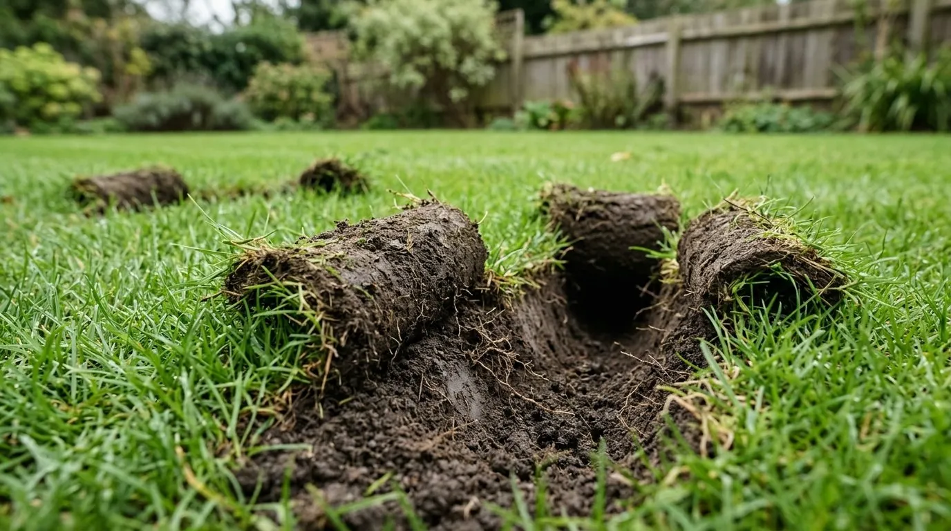 Close-up of cone-shaped badger snout holes and rolled-back turf flaps on a suburban Midlands lawn