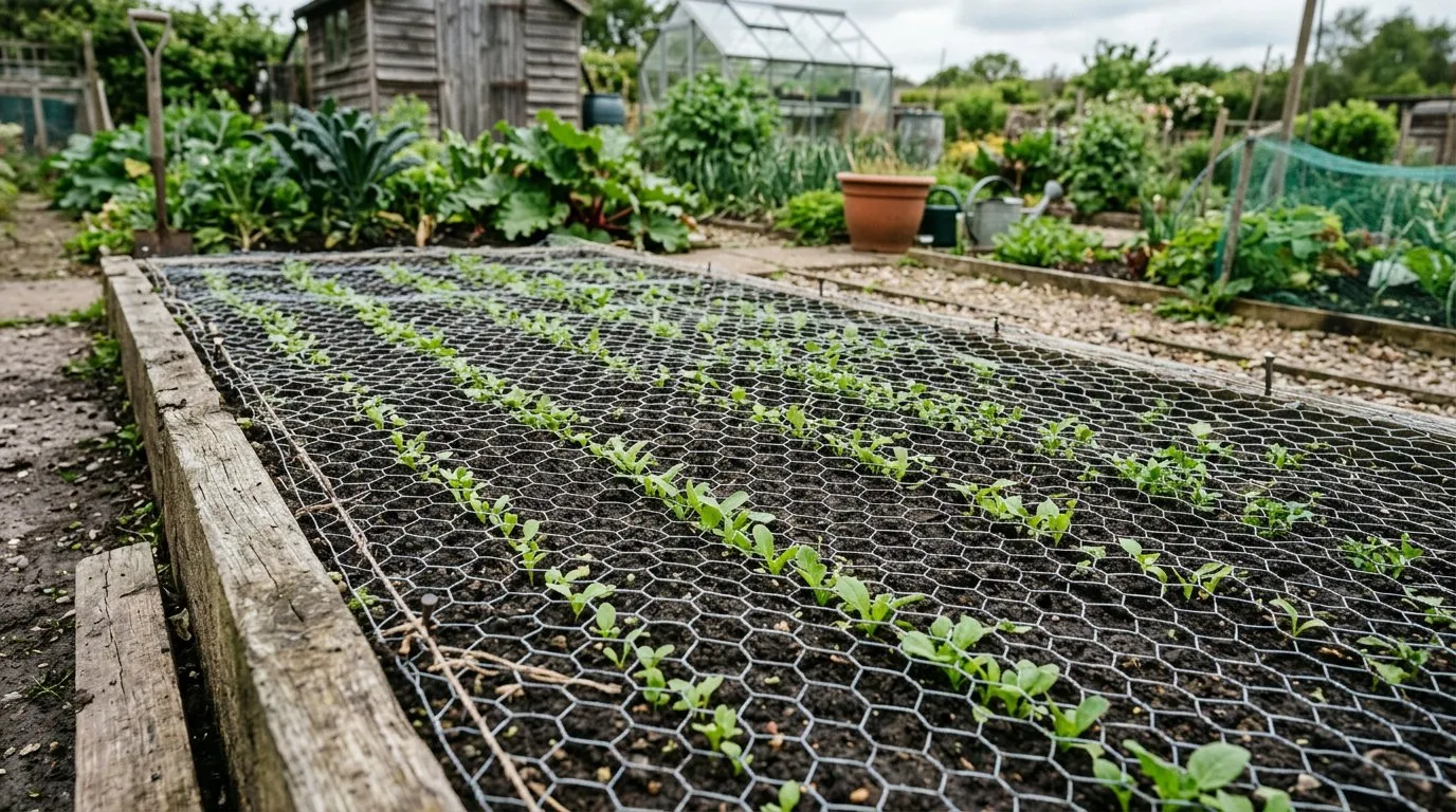 Cat deterrent chicken wire laid flat over a raised vegetable bed with young plants growing through the mesh