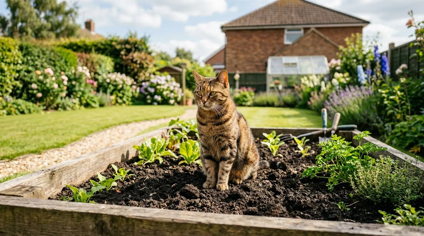 A tabby cat sitting on a garden fence overlooking a well-maintained UK flower bed in afternoon sunlight