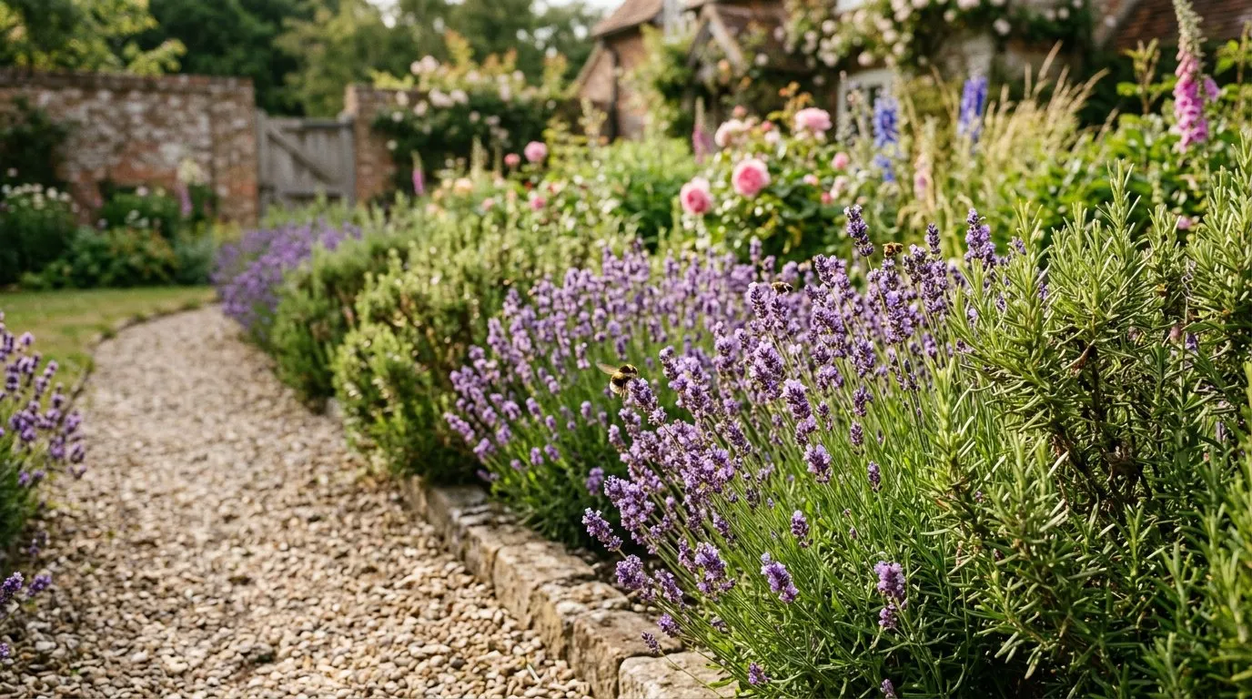 Cat-repelling lavender plants growing along a garden border edge with a gravel path in a sunny UK garden