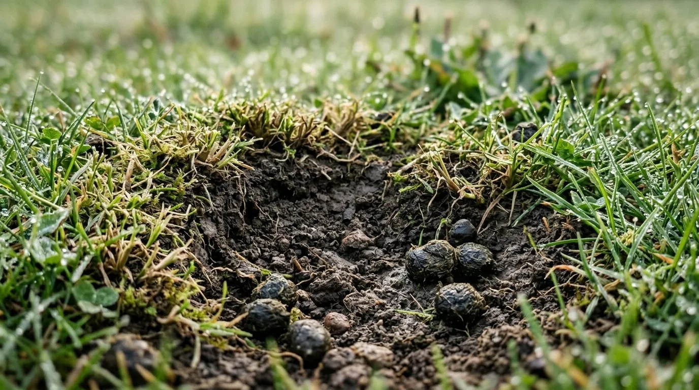Close-up of shallow rabbit scrape damage and round droppings on a worn suburban lawn