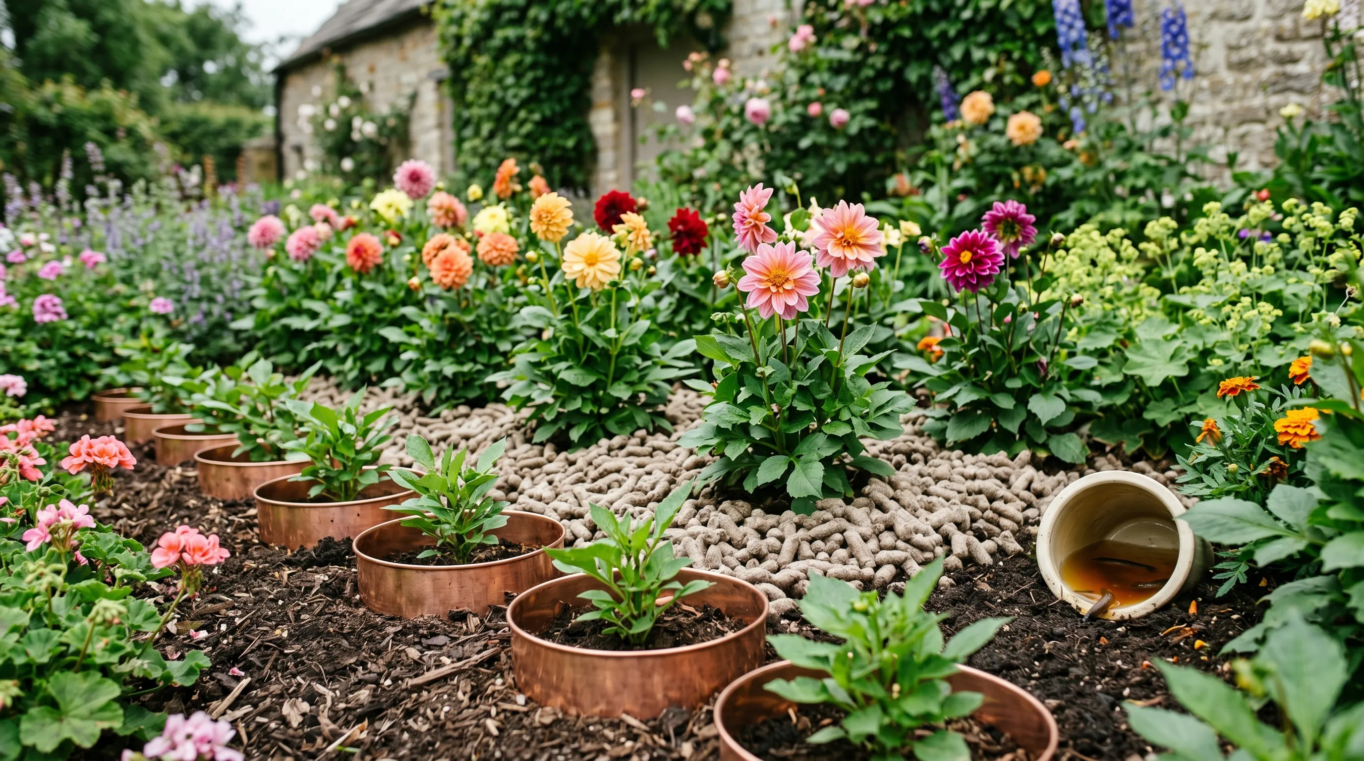A UK cottage garden bed showing multiple slug-deterrent methods around a row of dahlias: copper rings on the front plants, wool pellets around the middle row, and a clearly visible beer trap on the right