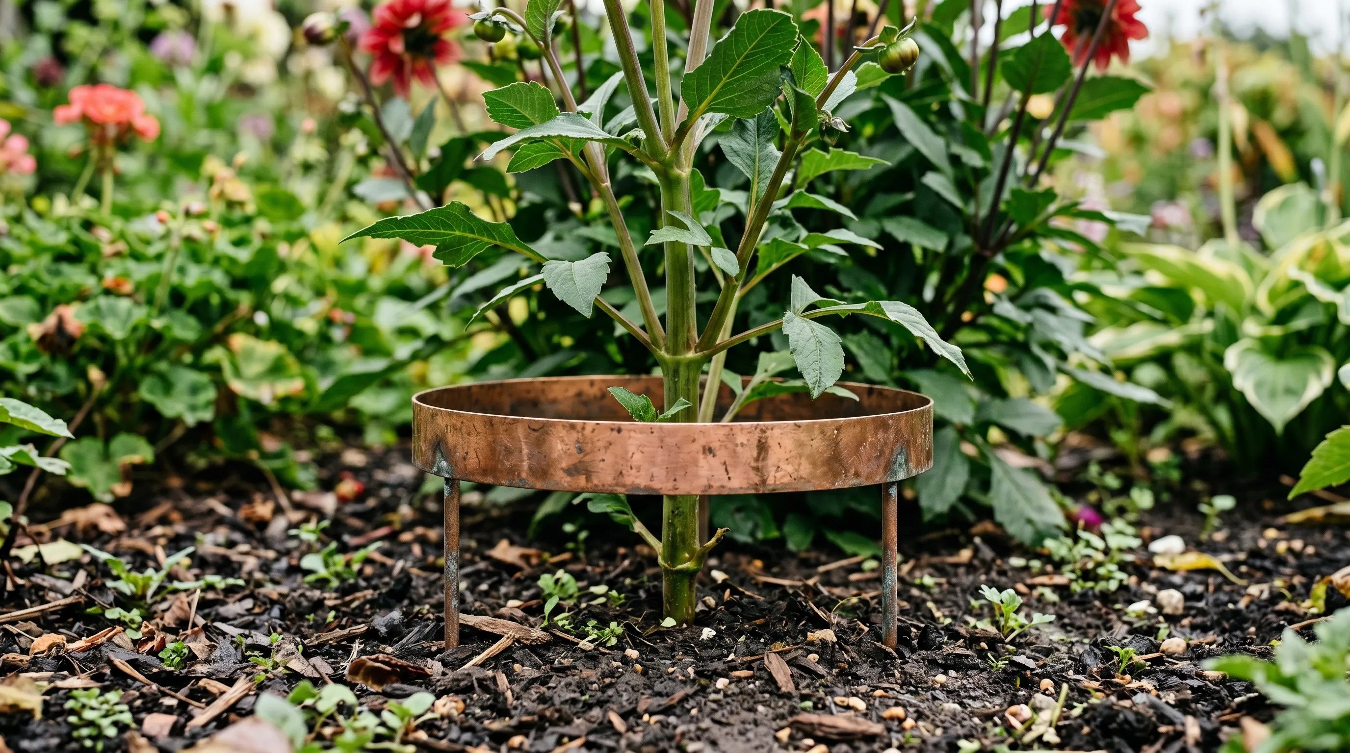A close-up of a UK dahlia plant with a copper ring visible at the base in soil, the ring 100mm above ground level with the dahlia stem growing through the centre