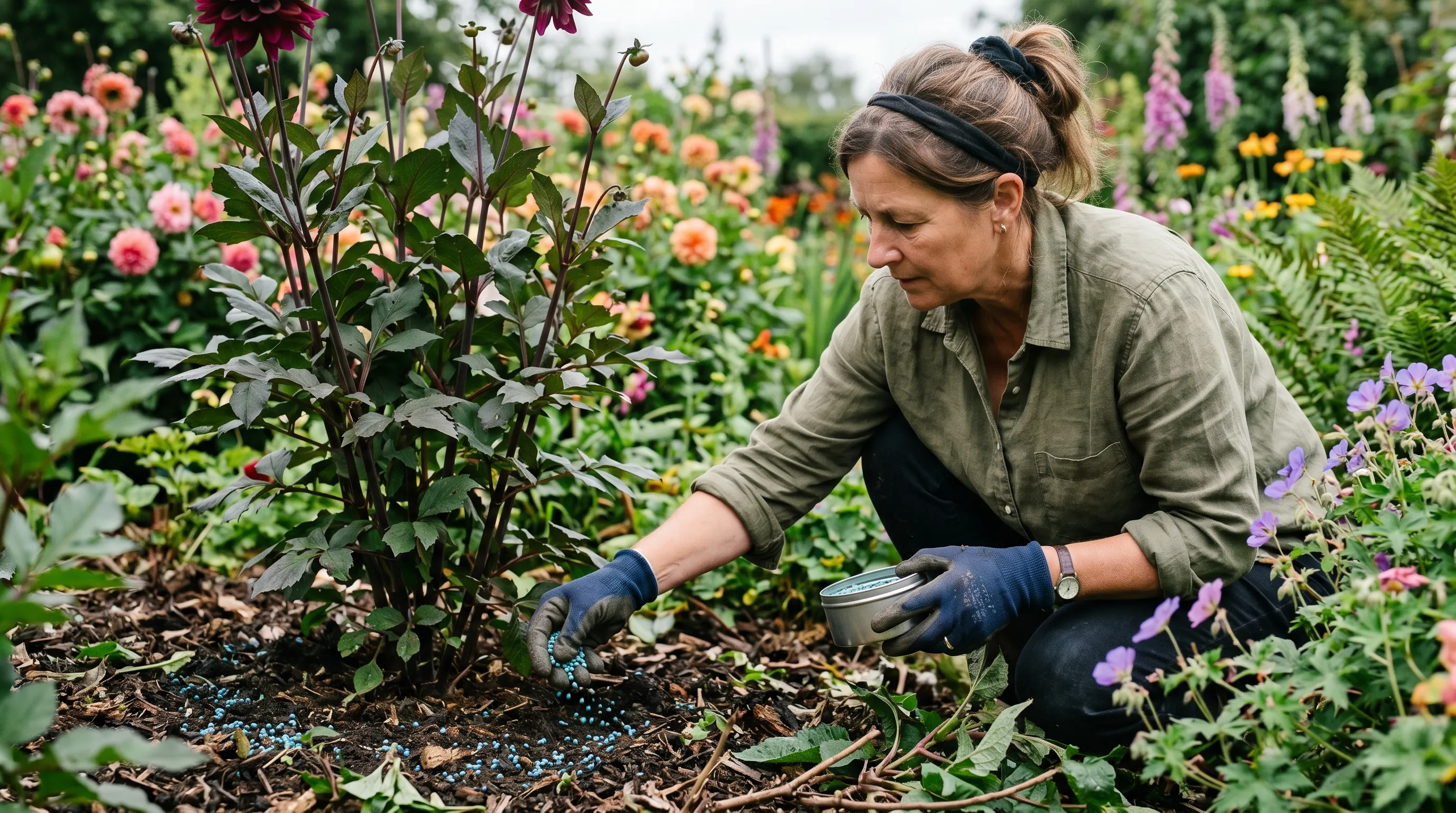 A UK gardener scattering ferric phosphate slug pellets thinly around the base of a dahlia plant, with a few pellets visible on the soil surface