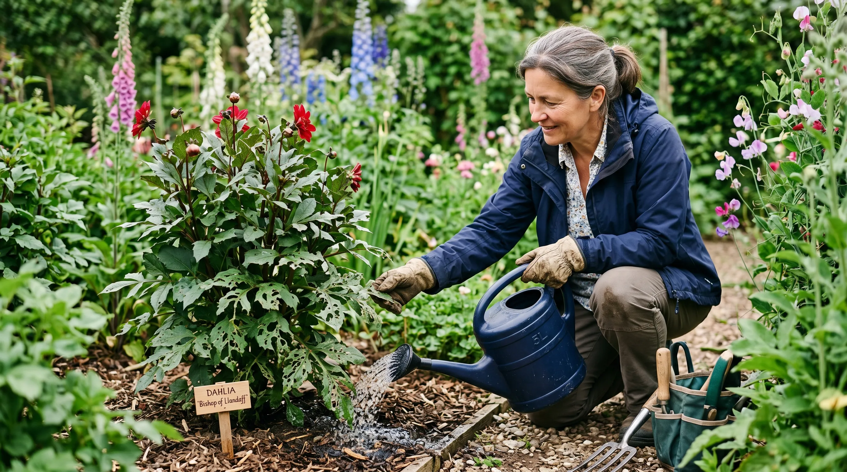 A UK gardener inspecting a dahlia plant in early summer with slug-damaged lower leaves and applying nematode drench around the base