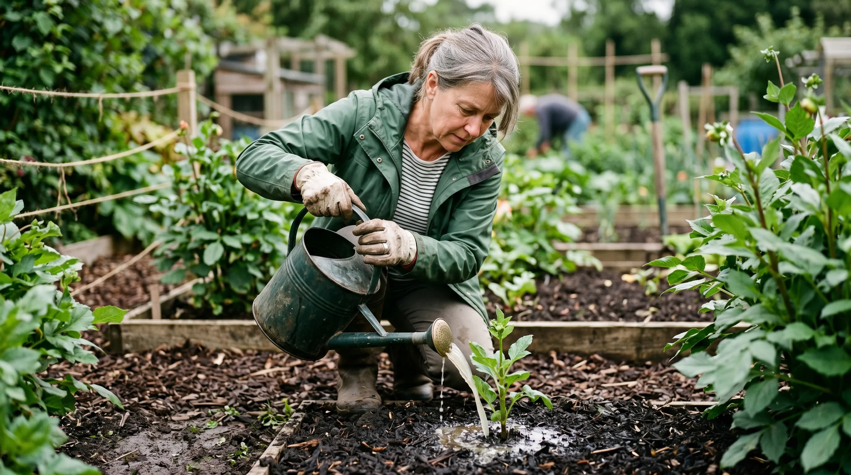 A UK gardener pouring a watering can of nematode drench solution around the base of a newly emerging dahlia shoot, with the can held close to soil level for even distribution
