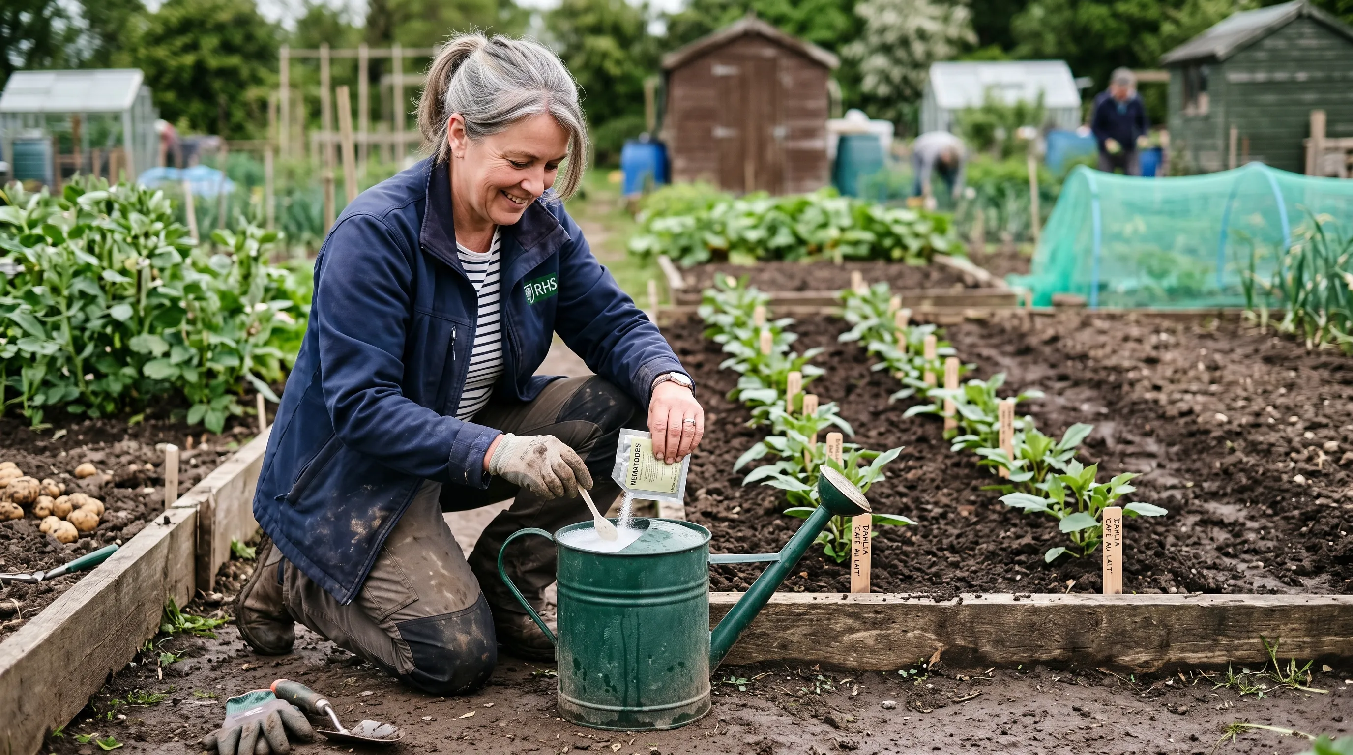 A UK gardener mixing nematode powder with cold water in a watering can on a Staffordshire allotment, with a dahlia row newly planted behind ready for the drench application