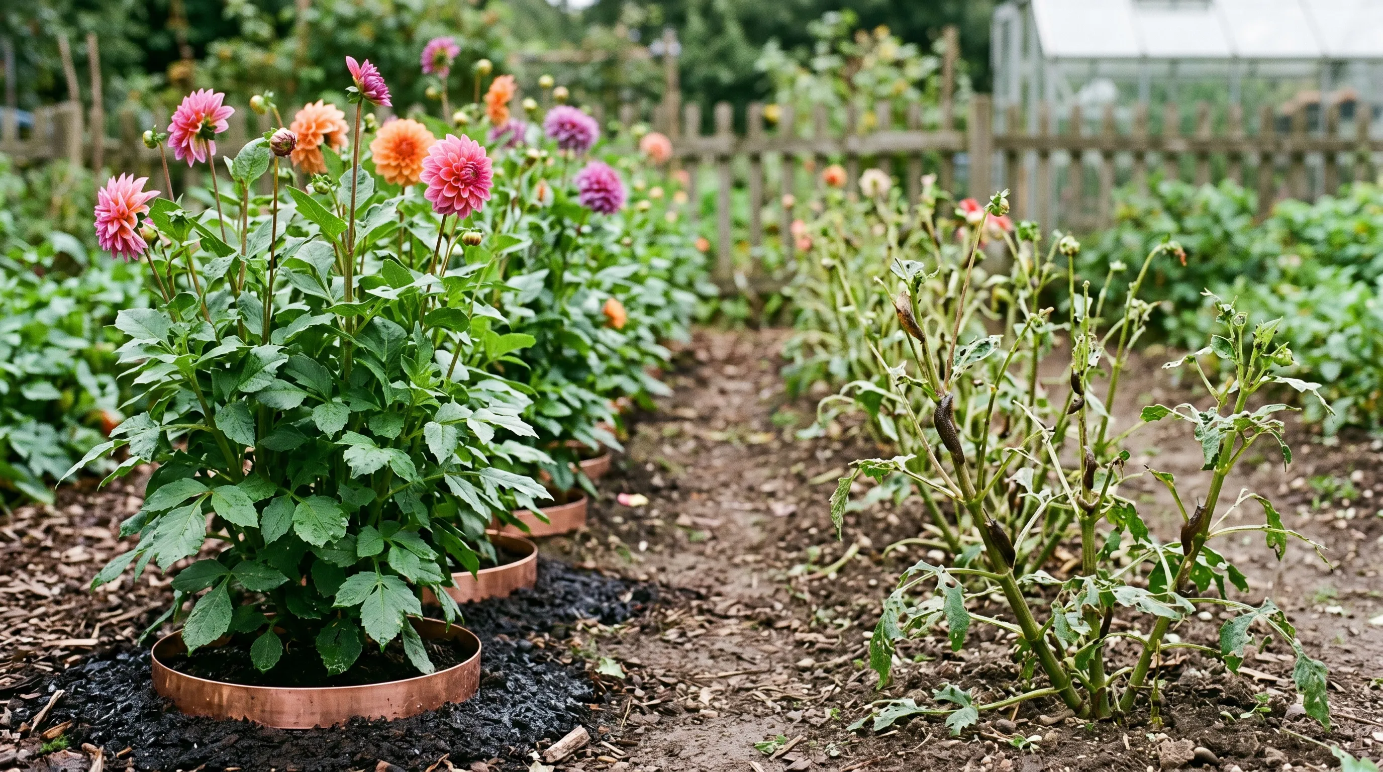 A diagnostic comparison of two parallel UK dahlia rows, the left row protected with the nematode-and-copper-ring combination showing full healthy plants, the right row unprotected with stripped stems and heavy slug damage
