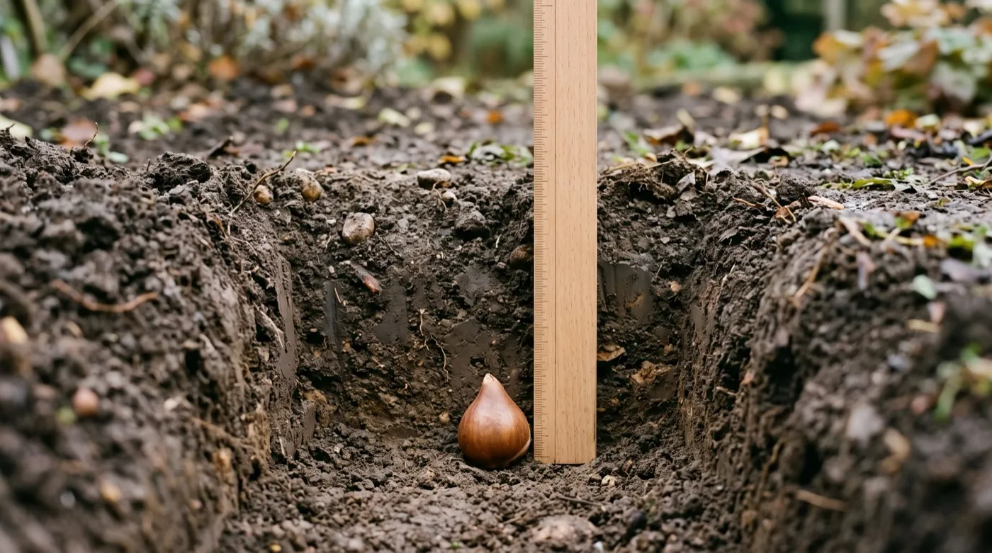A man in his thirties planting tulip bulbs at depth with a bulb planter in a UK garden border in autumn