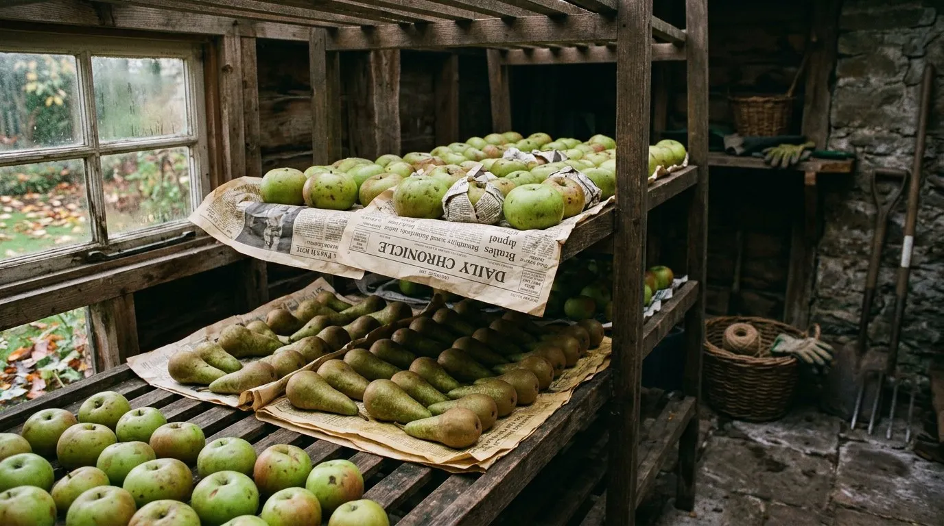 Bramley apples wrapped individually in newspaper and arranged on a slatted wooden storage rack