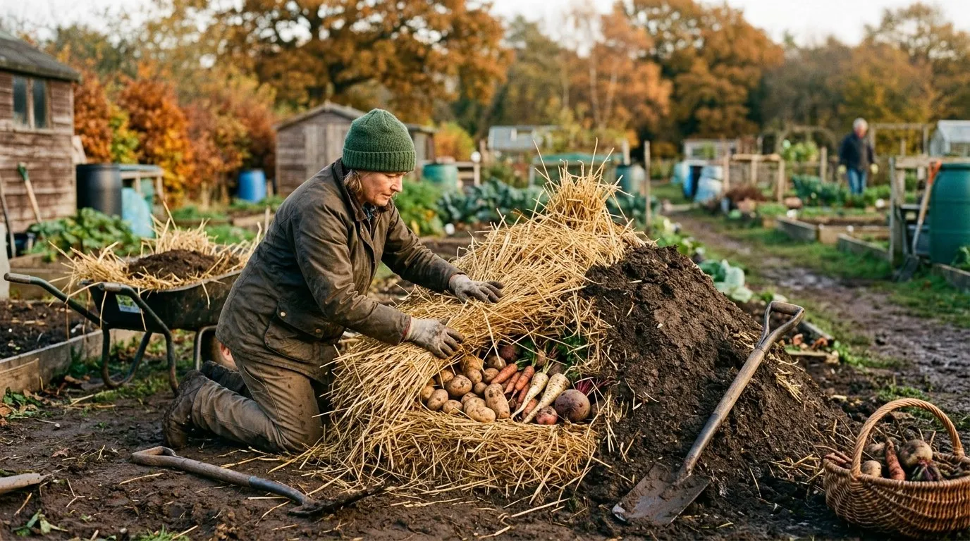 A gardener building a traditional root vegetable clamp on a British allotment in autumn