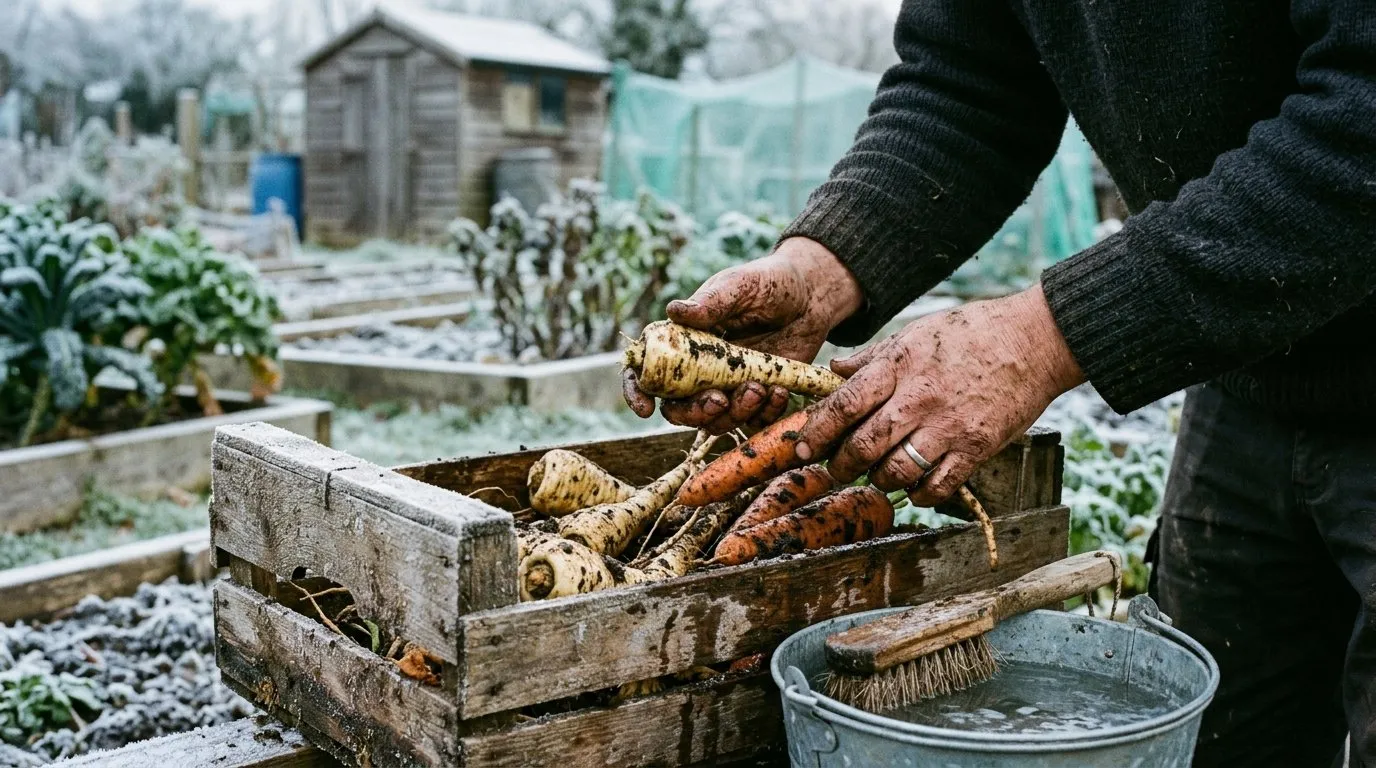 Freshly lifted parsnips and carrots on a frosty November allotment in the UK Midlands