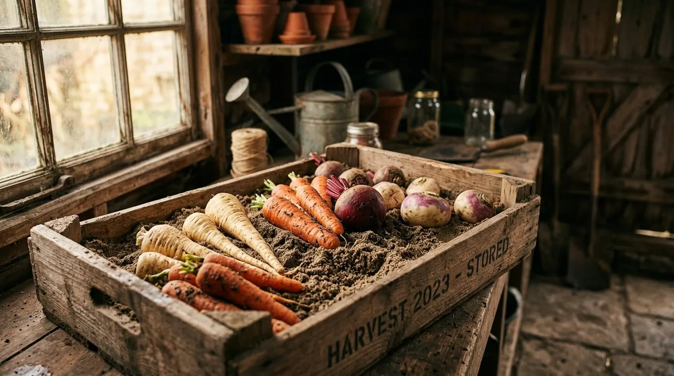 How to store root vegetables in damp sand inside a wooden crate in a cool British garden shed