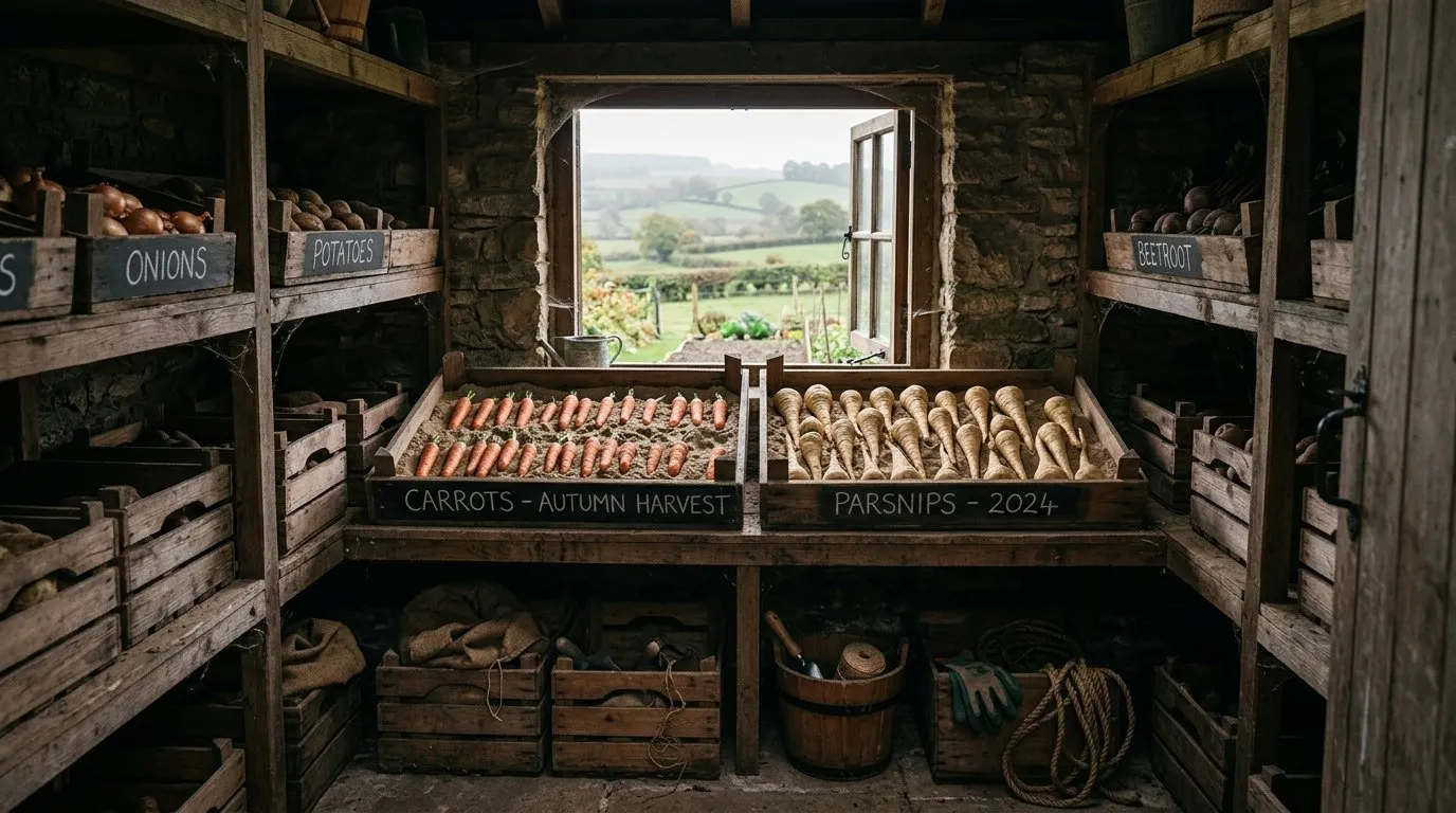 Wooden crate of carrots and parsnips stored in damp sand in a cool British garden shed