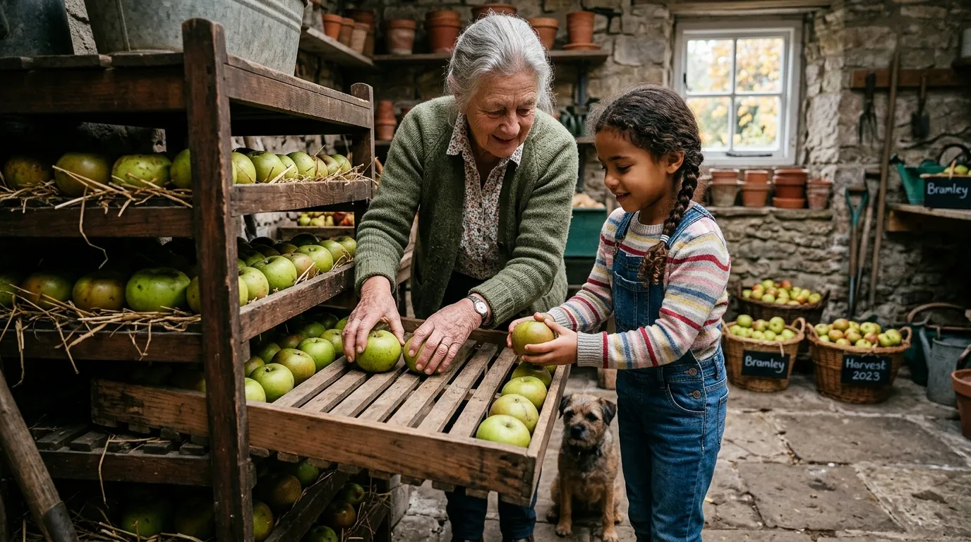 Elderly white British grandmother and her young mixed-heritage granddaughter carefully placing Bramley apples on a wooden slatted storage rack in a stone-floored UK fruit room with a small terrier dog watching