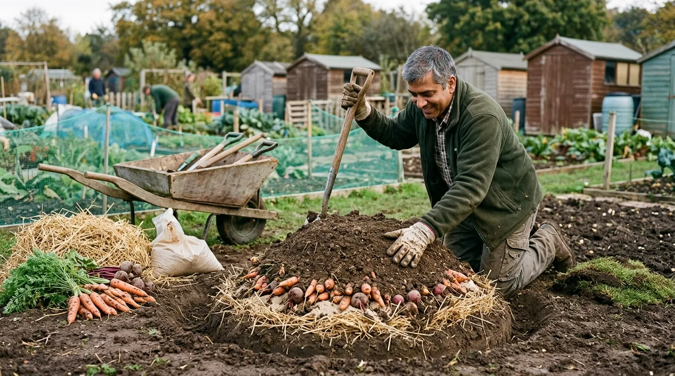 Indian-British man aged about 45 in casual gardening clothes demonstrating a traditional outdoor garden clamp on a UK allotment with carrots and beetroot layered in sand and straw under a soil mound
