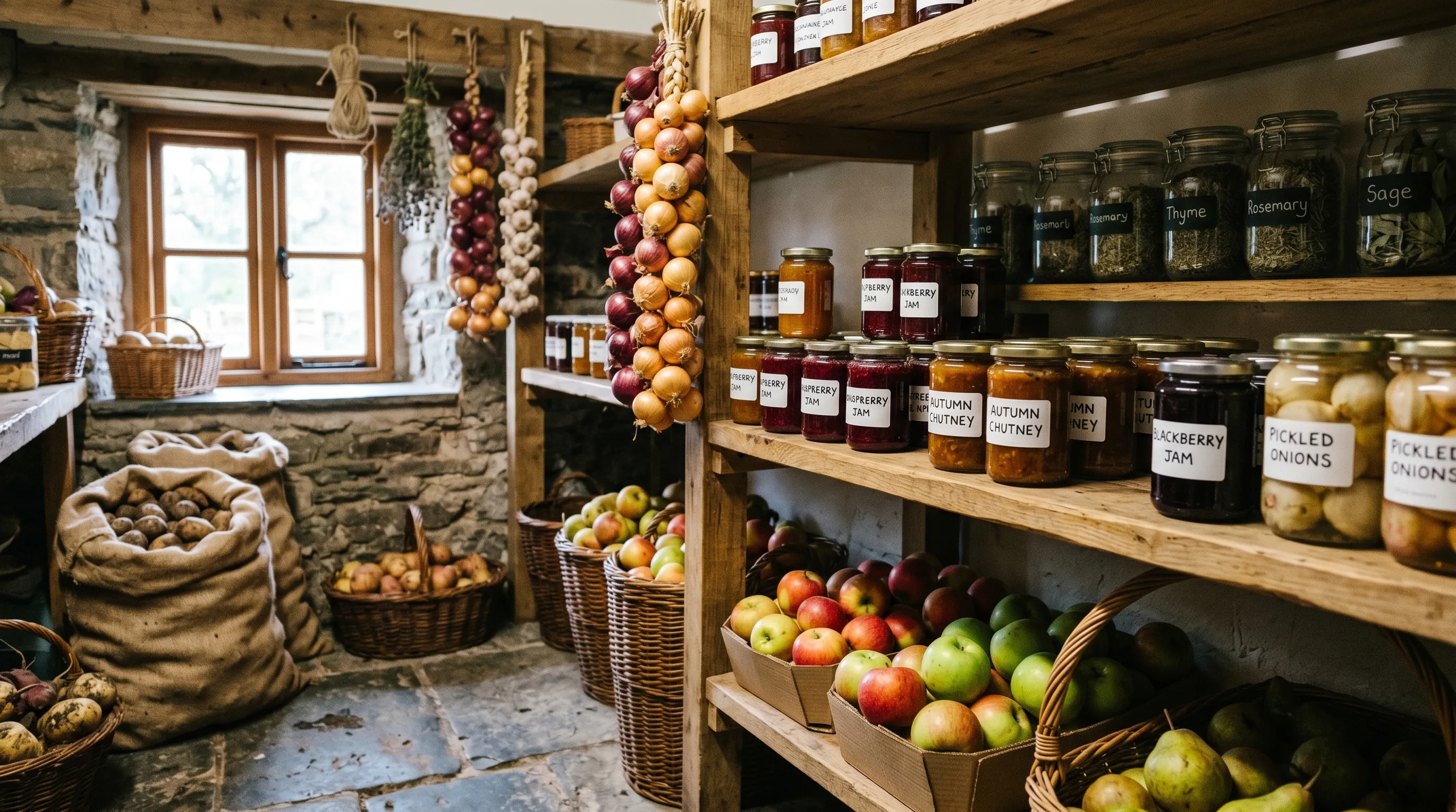 Traditional UK stone-floored larder with shelves of preserved produce, glass jars of jam, dried herbs, baskets of apples, plaited onions and a hessian potato sack in soft natural light