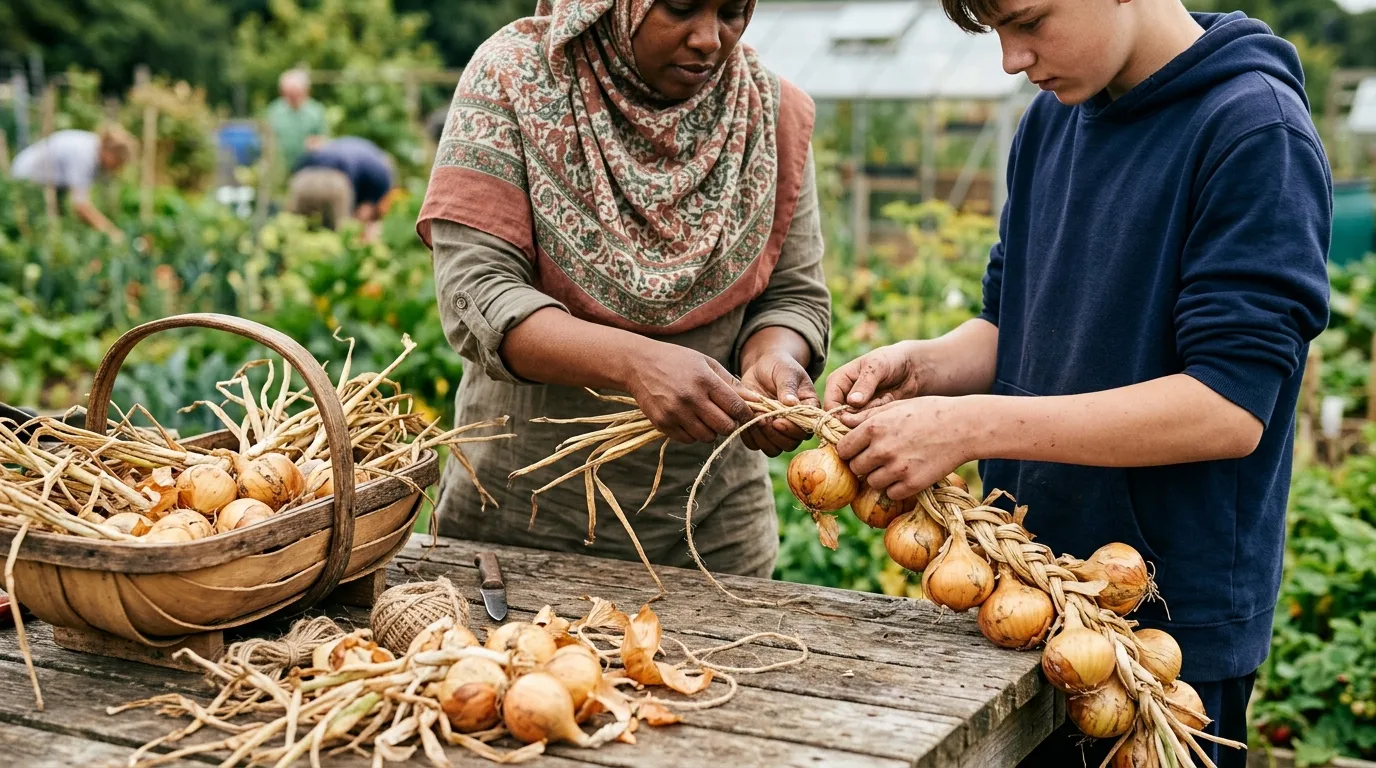 Two pairs of hands plaiting cured onions on a wooden allotment workbench, one Black British woman in a casual hijab and one white teenage boy, with more cured onions waiting in a wicker trug