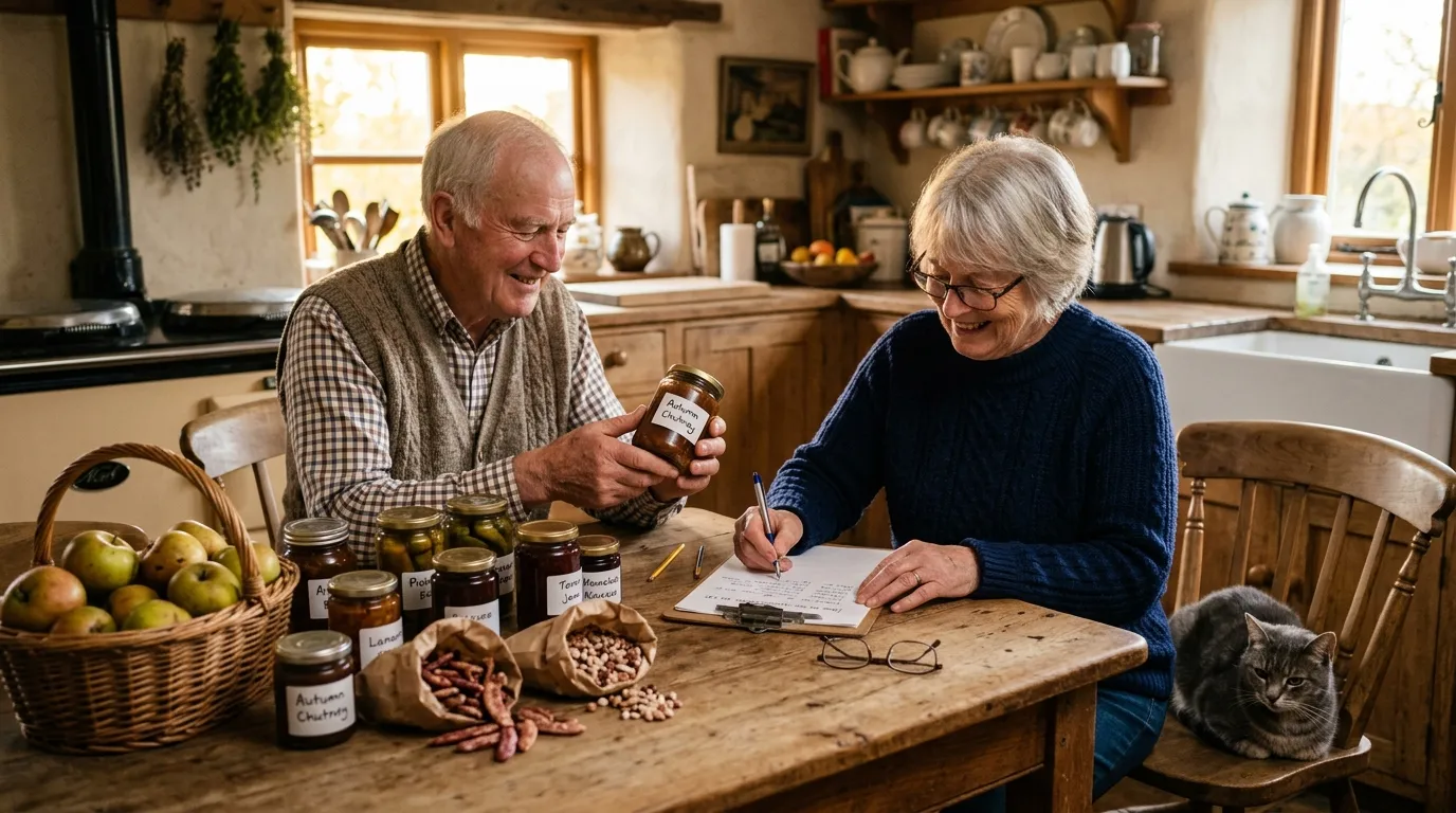 Elderly white British couple sitting at a UK kitchen table making an end-of-season produce inventory with a clipboard, jars of preserves and a small grey cat beside them in warm autumn evening light