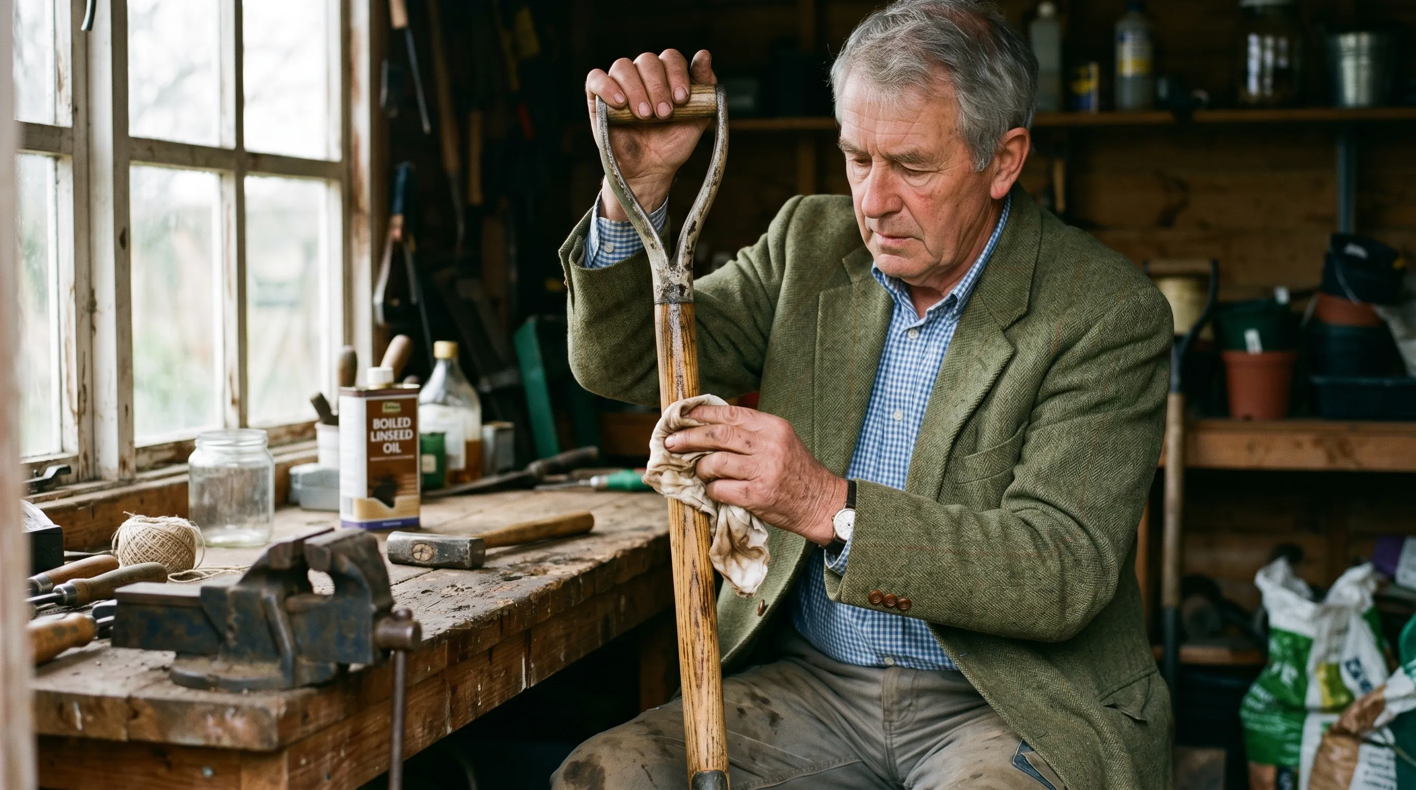 A UK gardener rubbing boiled linseed oil along the ash handle of a garden spade with a soft cotton rag, the handle held vertically against a workbench, soft natural light through a shed window