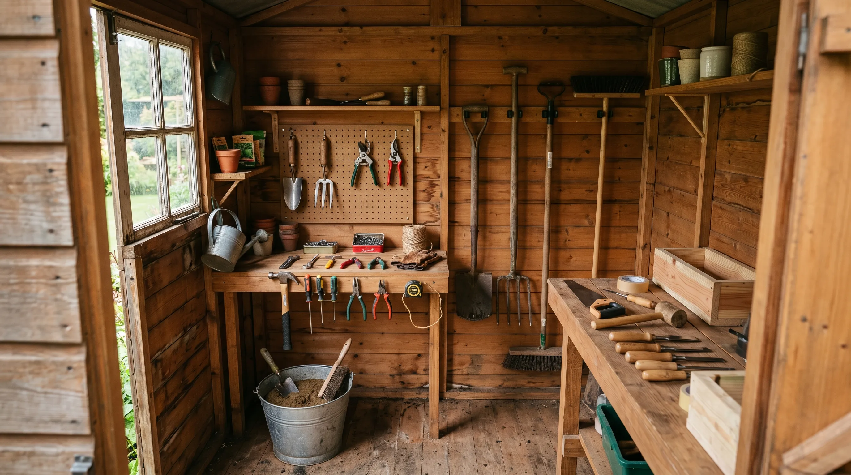 The interior of a tidy 8x6 wooden garden shed showing labelled hooks, vertical tool racks, a sand-and-oil maintenance bucket and a workbench with hand tools laid out