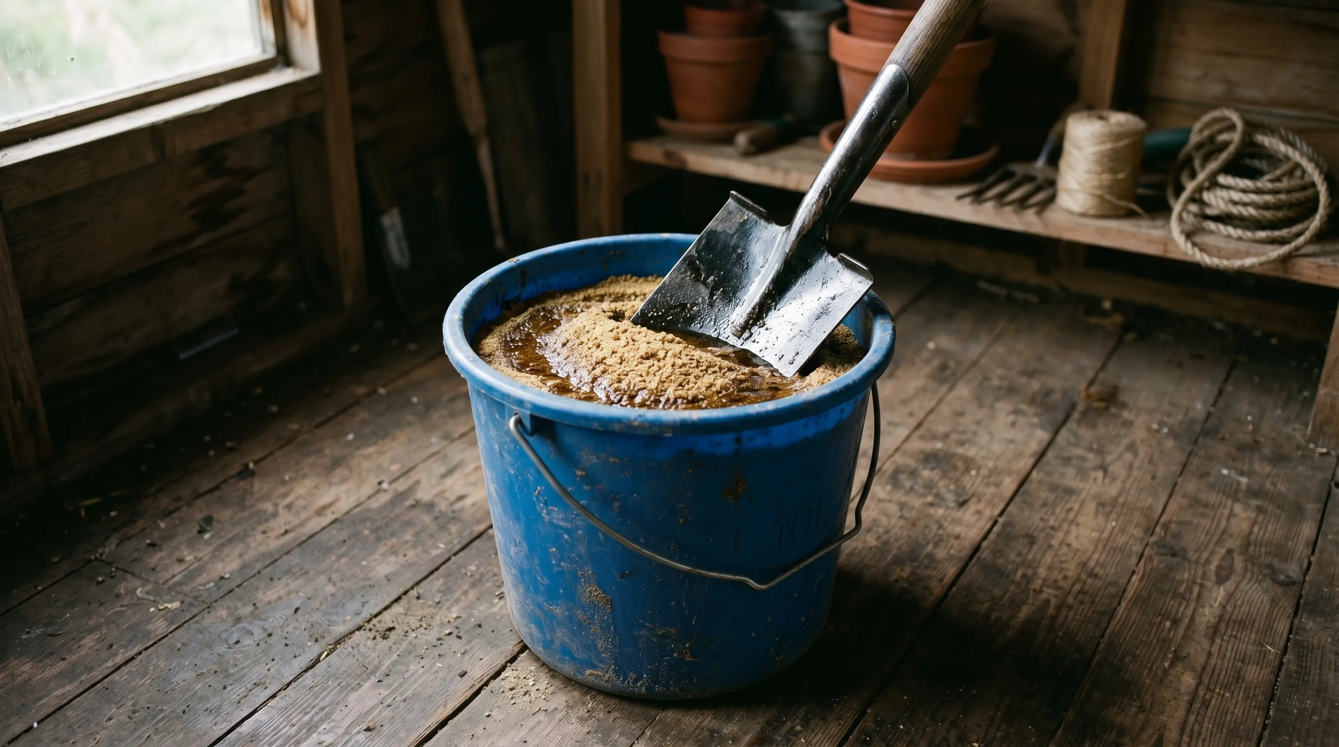 A 10-litre plastic bucket on the floor of a UK garden shed filled with golden sharp sand topped with a dark layer of linseed oil, with the handle of a steel spade plunged into the sand