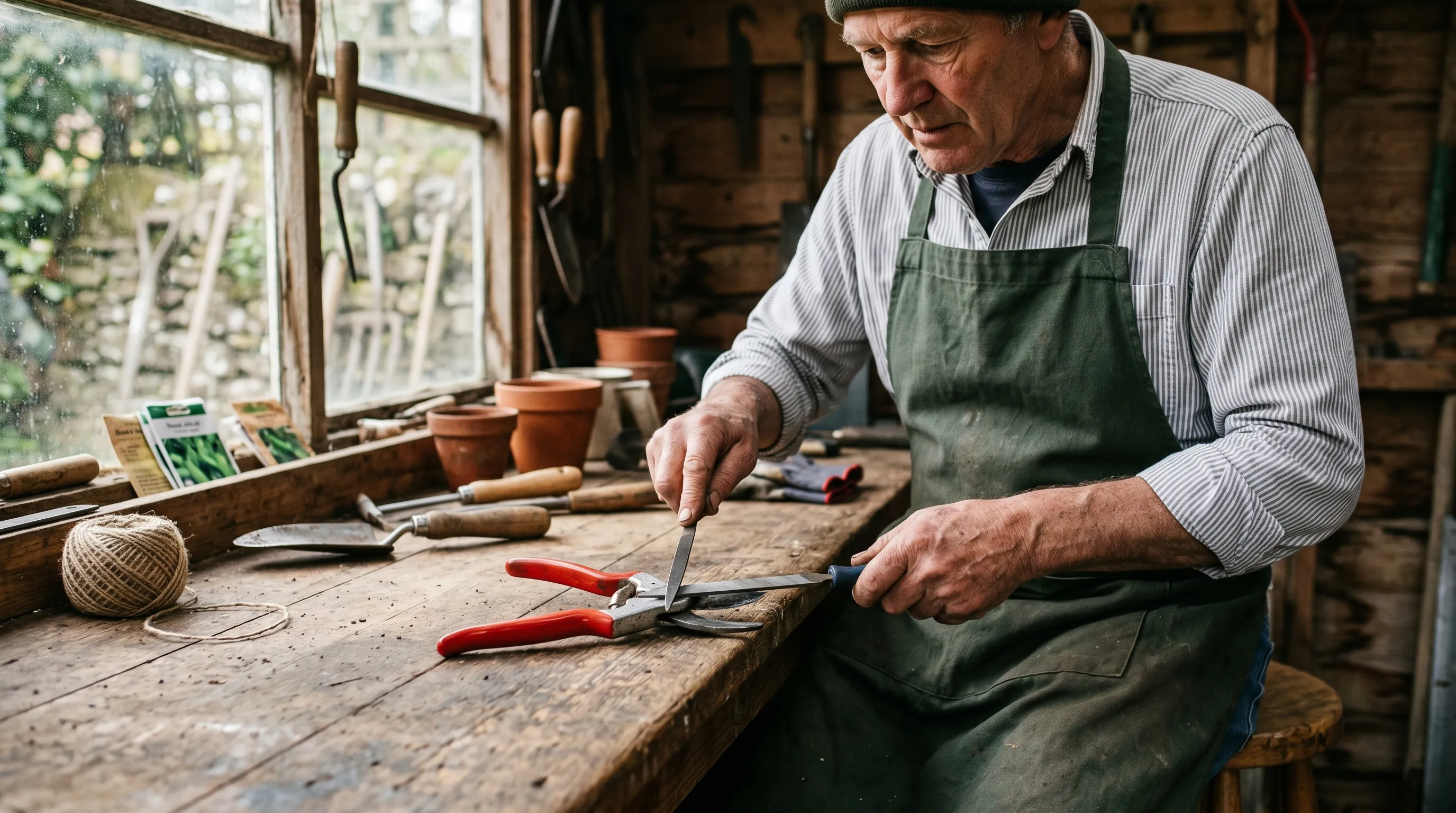 A UK gardener at a wooden workbench sharpening a pair of bypass secateurs with a diamond file, the open blade resting on the bench and the file held at the factory bevel angle