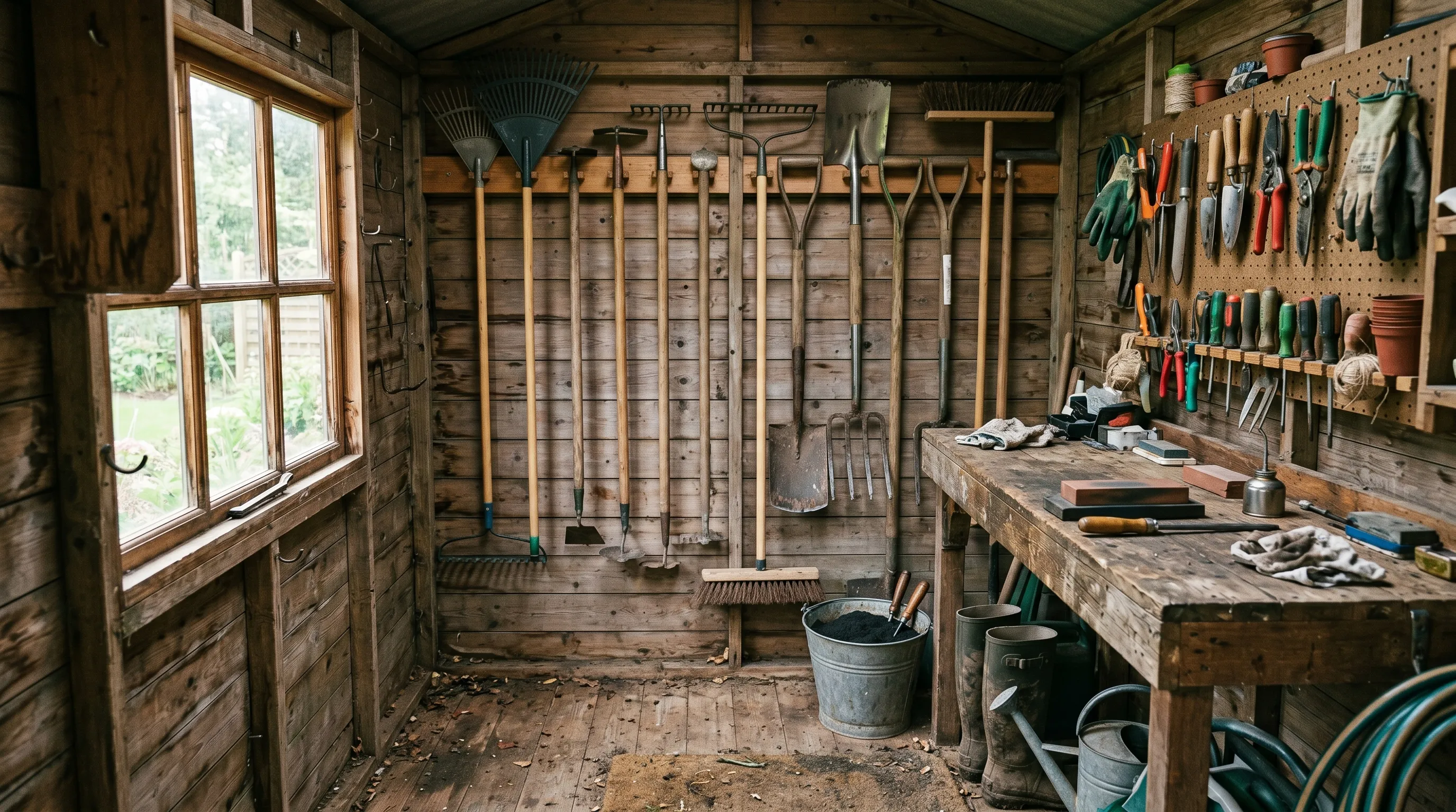 Inside a tidy 8x6 wooden UK garden shed showing long-handled tools wall-mounted along the back wall, hand tools above a wooden bench, a small workbench with sharpening stones and a sand-and-oil bucket