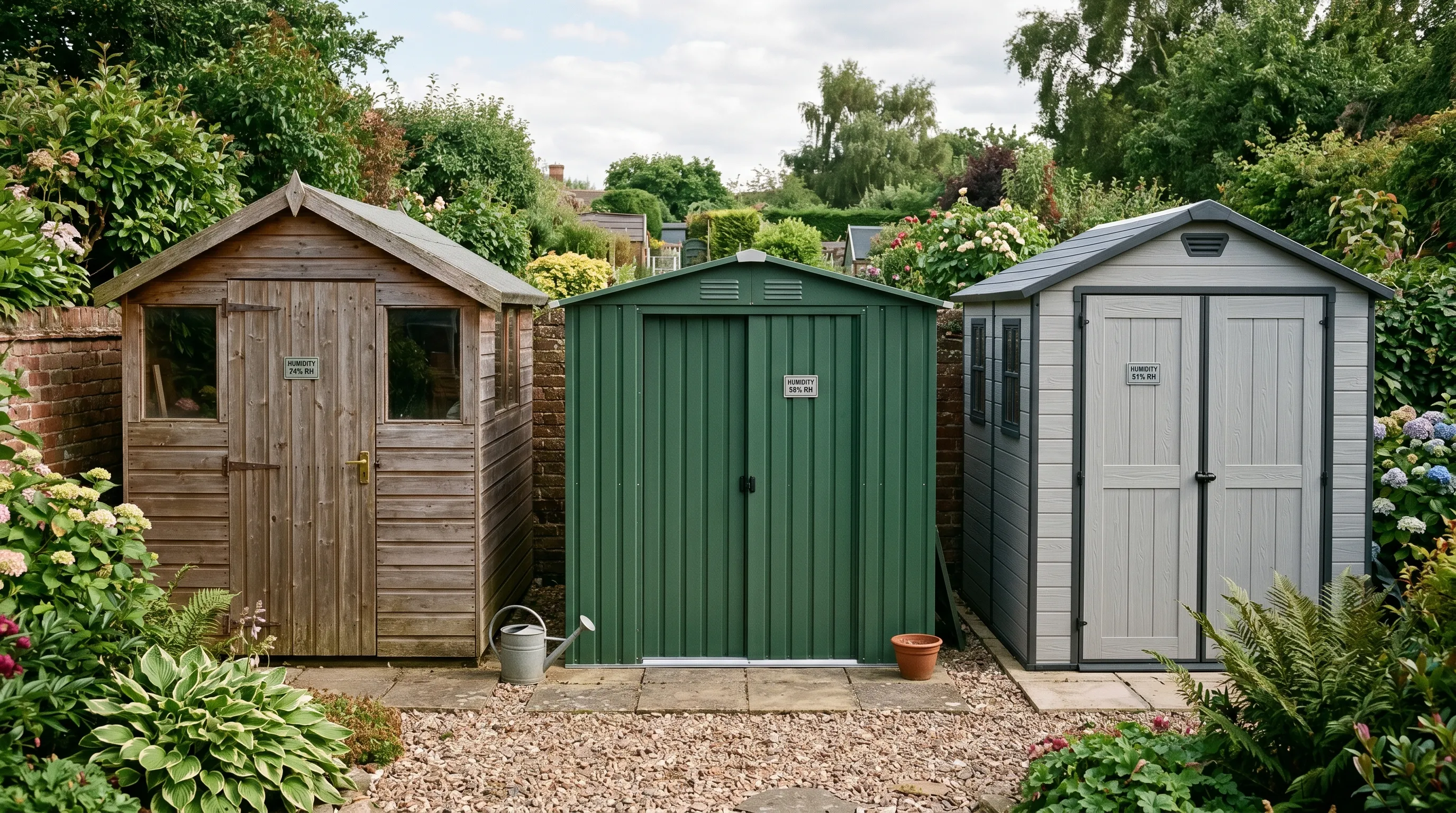 A comparison shot of three UK back garden sheds side by side: a wooden Swallow shed, a metal Yardmaster shed, and a plastic Keter shed, each labelled with internal humidity reading from a digital hygrometer