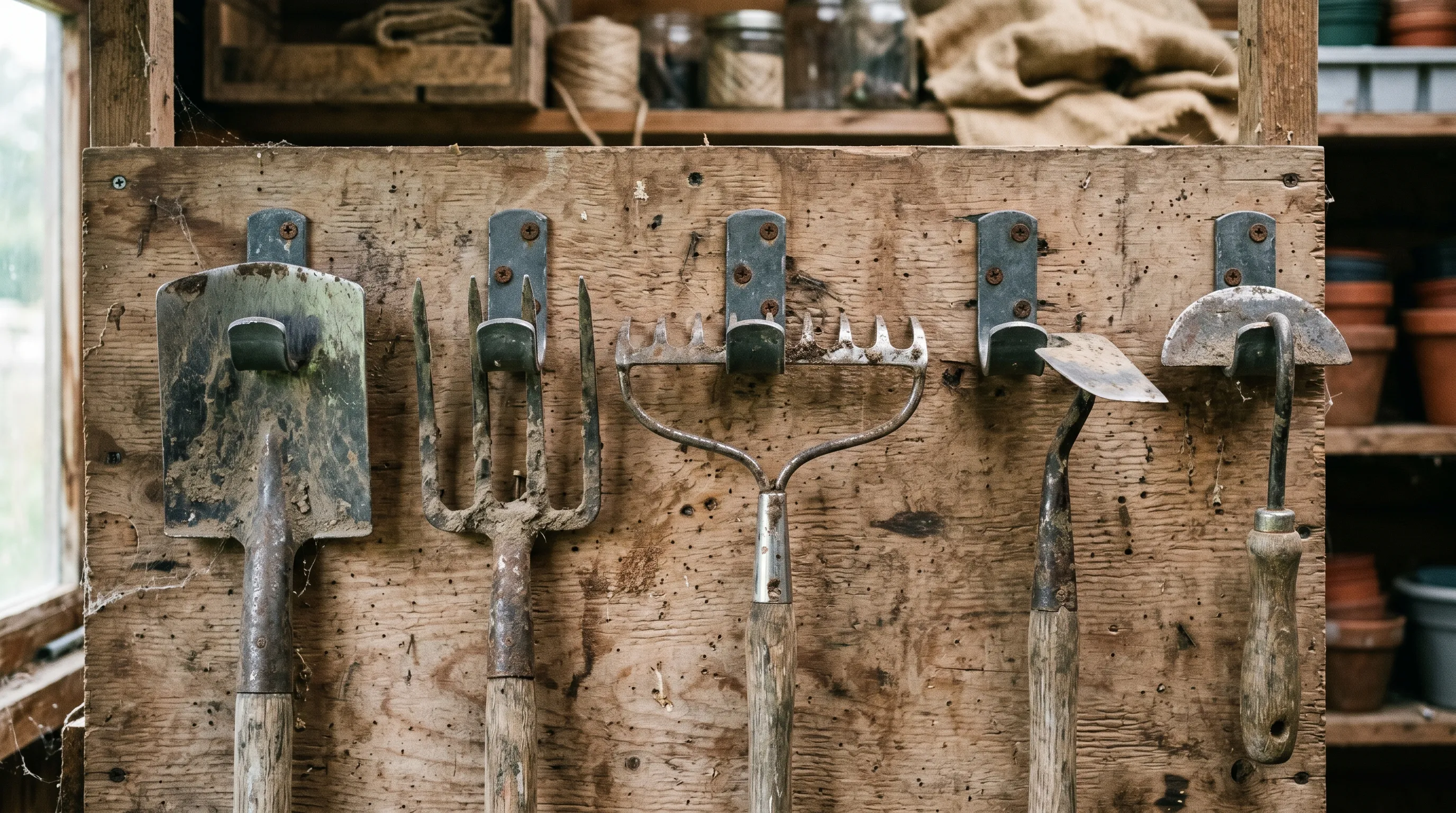 A close-up of a UK garden shed back wall showing a row of metal tool hooks screwed into a plywood backing board, holding a spade, fork, rake, hoe and edger all hanging vertically blade-up