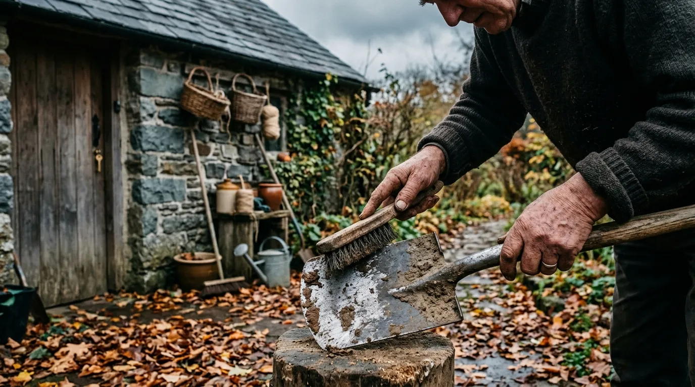 Gardener wire-brushing dried mud from a steel spade outside a Welsh stone shed in late November